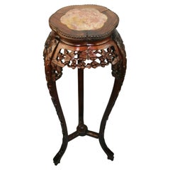 Antique Asian Hand Carved Rosewood and Inlaid Marble Pedestal