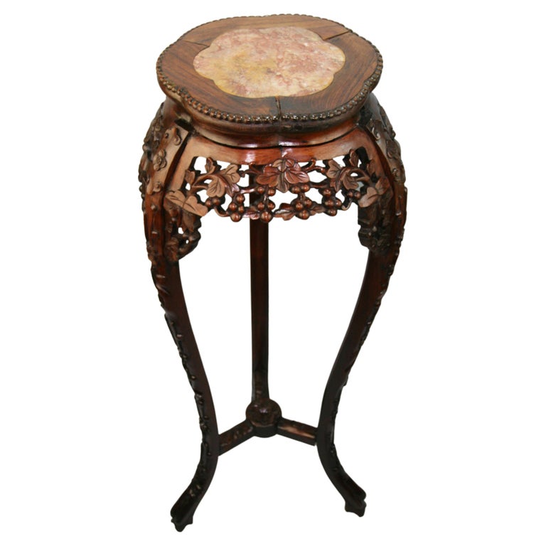 Asian Hand Carved Rosewood and Inlaid Marble Pedestal For Sale