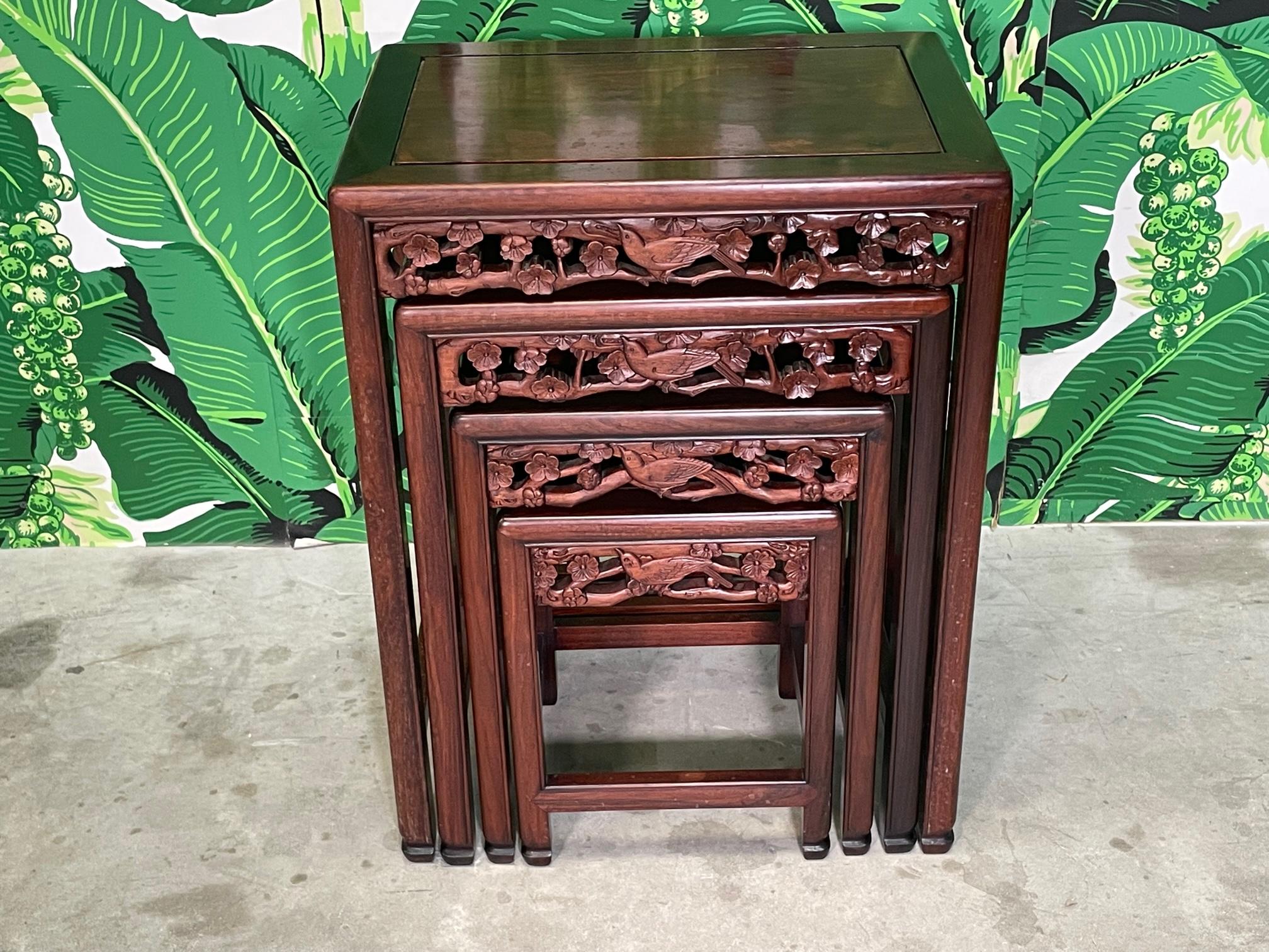 Chinese Chippendale Asian Hand Carved Rosewood Nesting Tables or Stacking Tables, Set of 4
