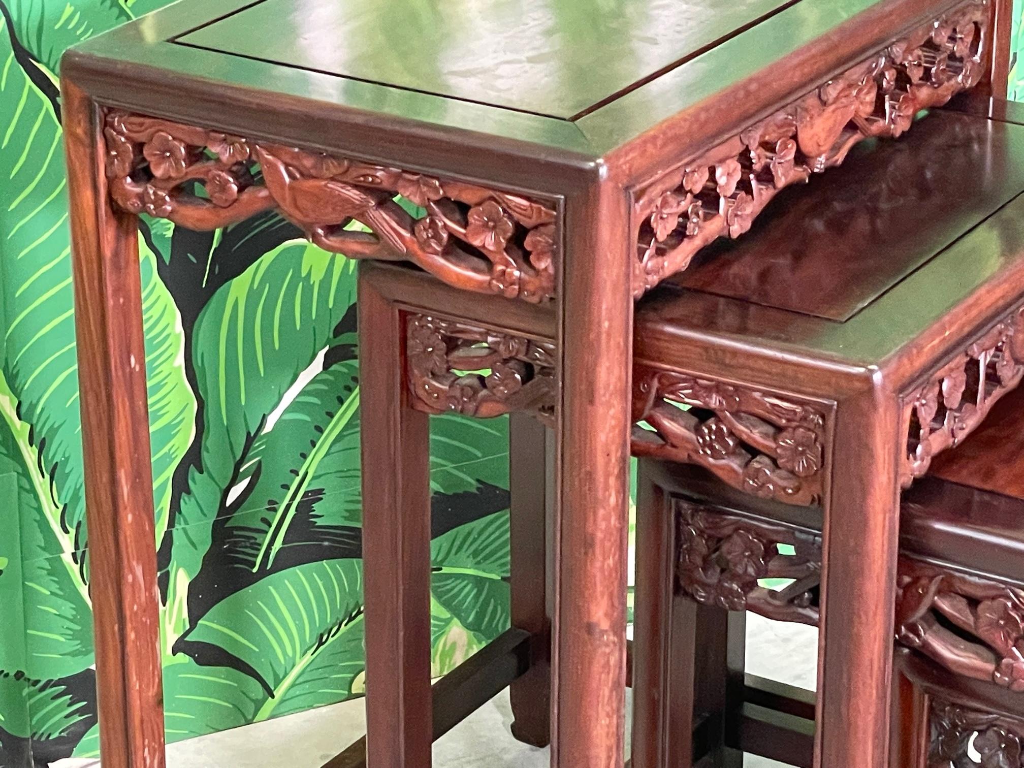 Asian Hand Carved Rosewood Nesting Tables or Stacking Tables, Set of 4 In Good Condition In Jacksonville, FL
