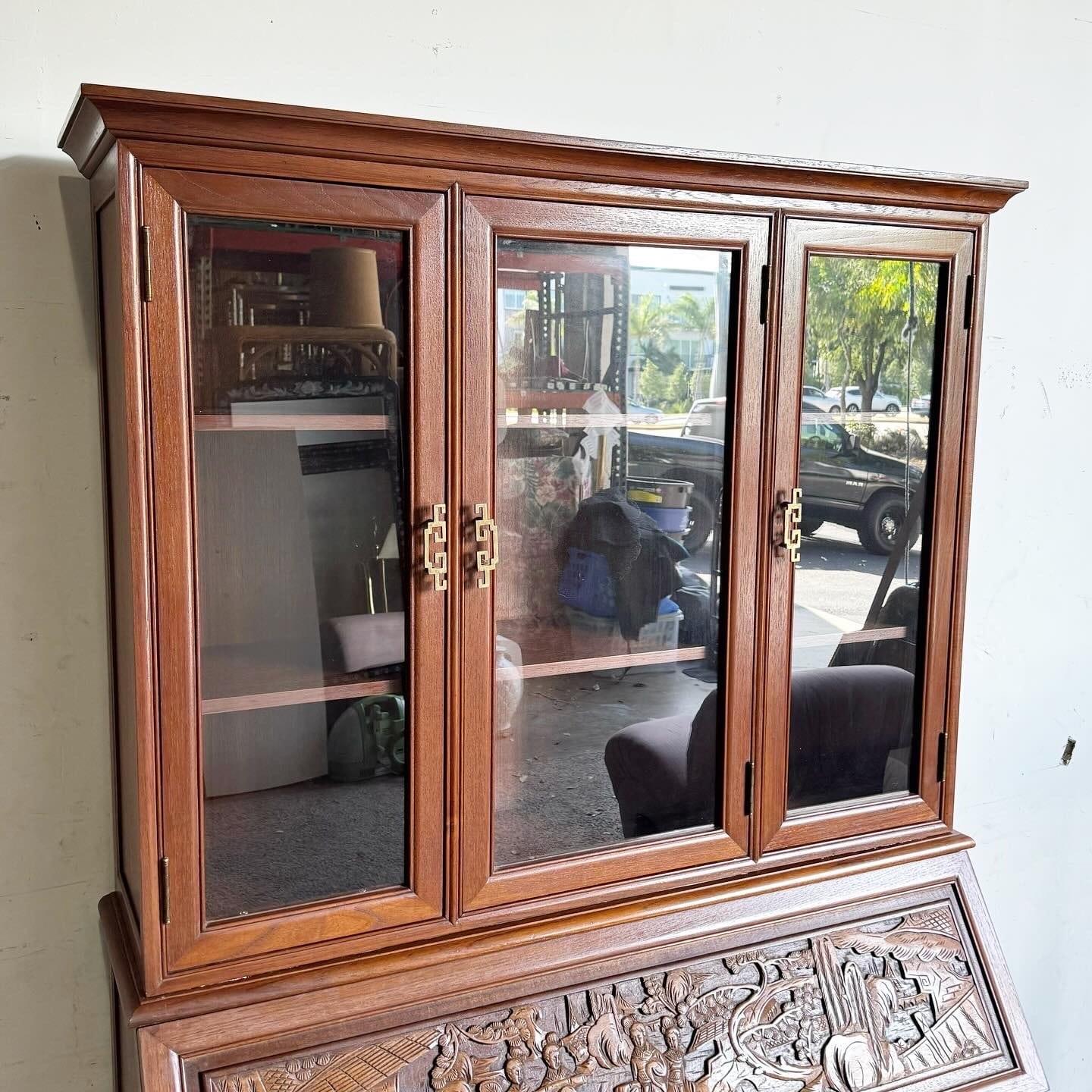 Unknown Asian Hand Carved Secretary Desk With Display Cabinet
