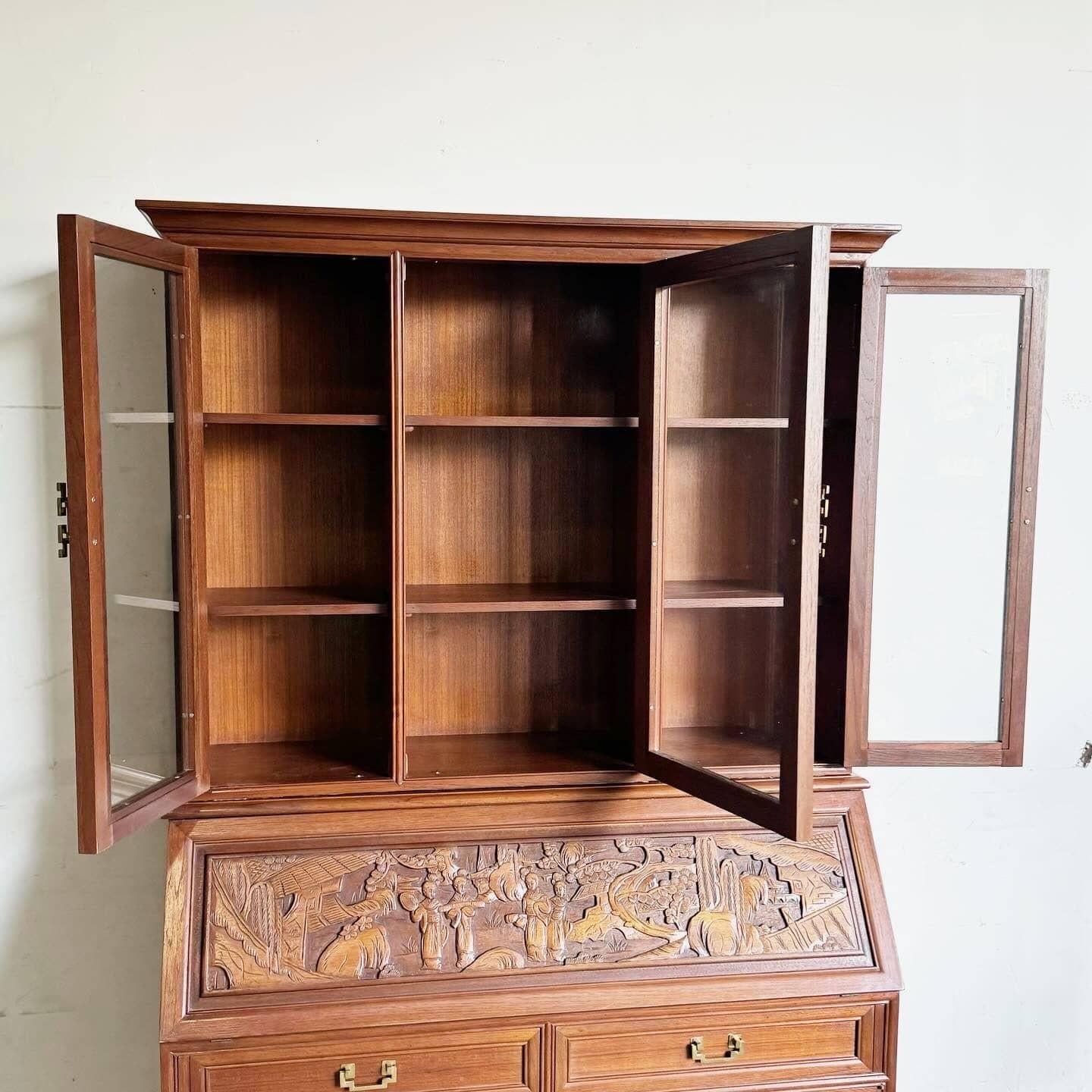 Asian Hand Carved Secretary Desk With Display Cabinet In Good Condition In Delray Beach, FL