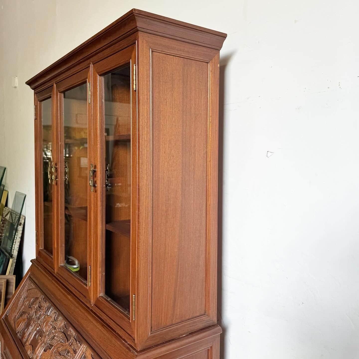 Late 20th Century Asian Hand Carved Secretary Desk With Display Cabinet