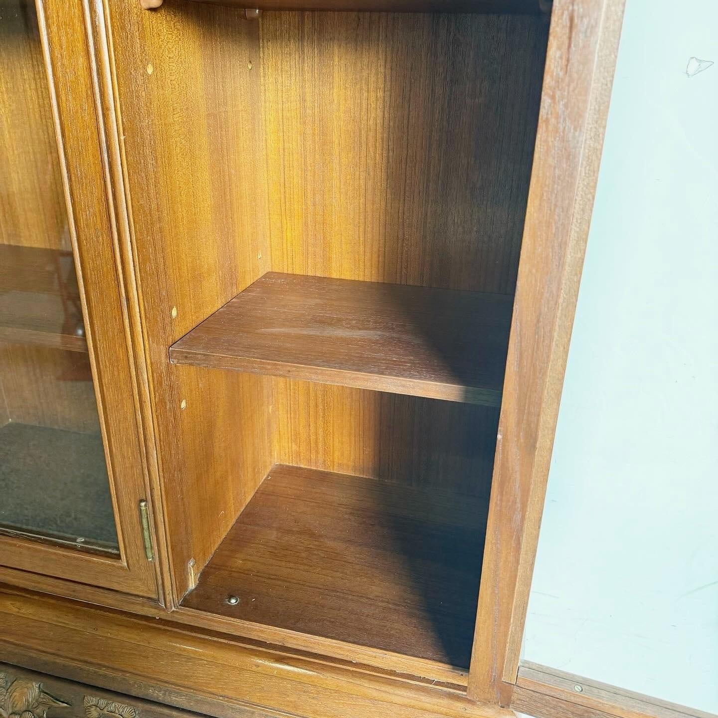 Wood Asian Hand Carved Secretary Desk With Display Cabinet