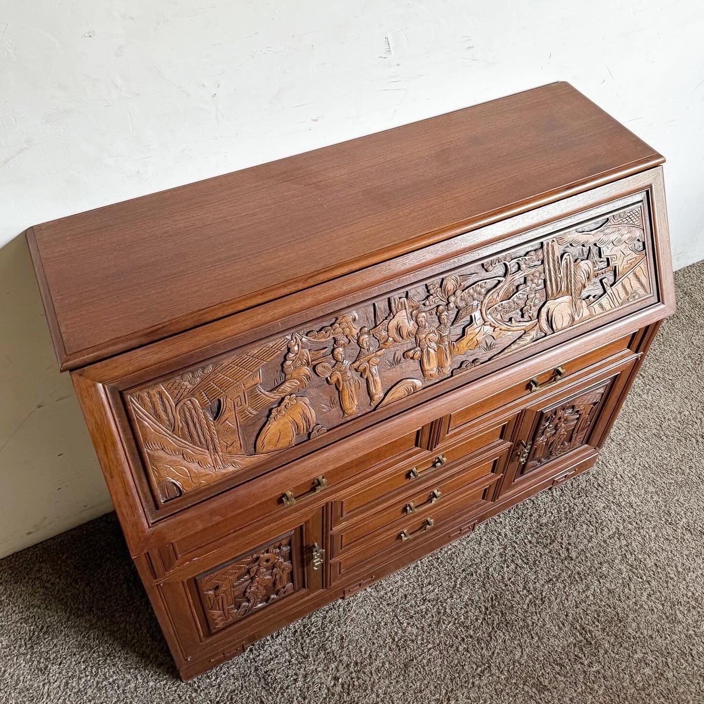 Asian Hand Carved Secretary Desk With Display Cabinet 1