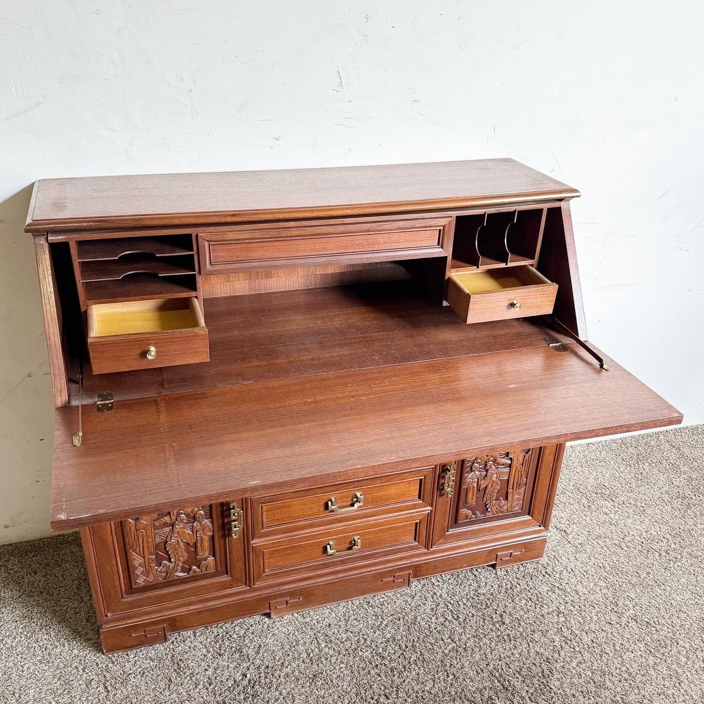 Asian Hand Carved Secretary Desk With Display Cabinet 2