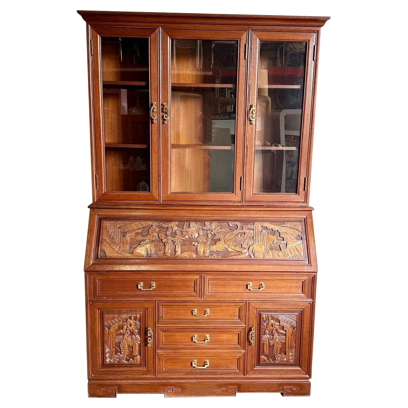 Asian Hand Carved Secretary Desk With Display Cabinet