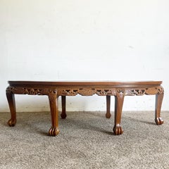 Asian Hand Carved Wooden Coffee Table With Glass Inlay