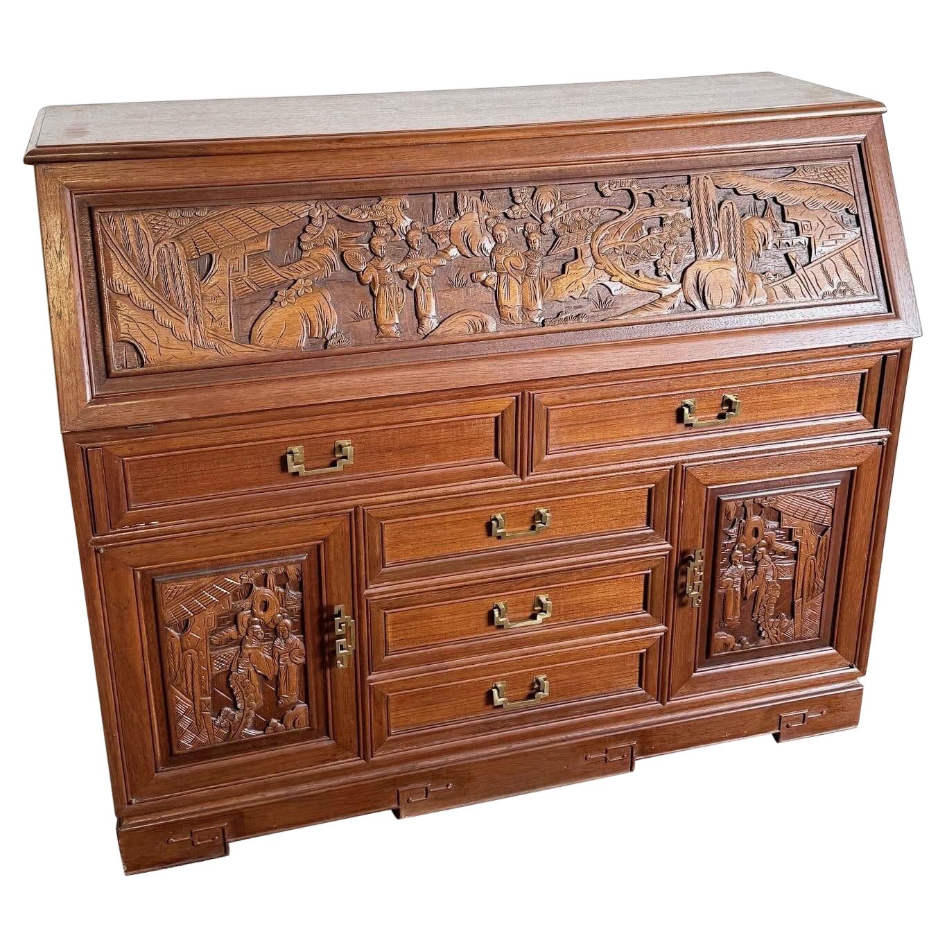 Asian Hand Carved Wooden Secretary Desk