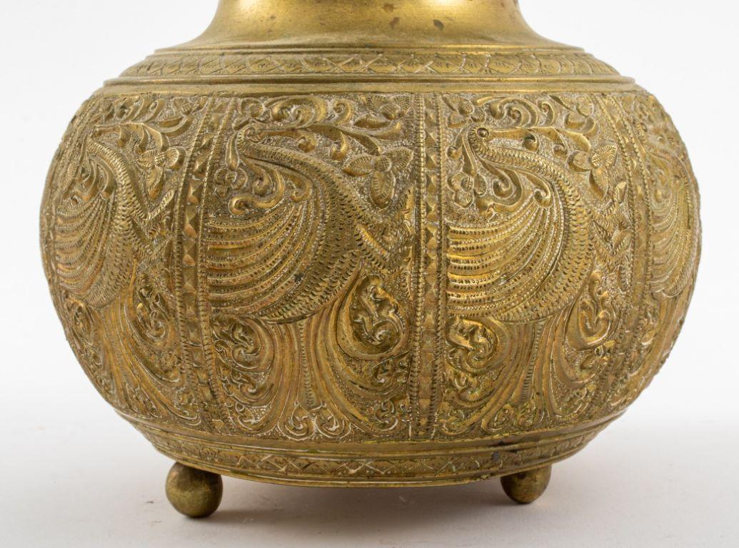 Other Asian Hand-Chased Brass Vessel with Crane Motif For Sale