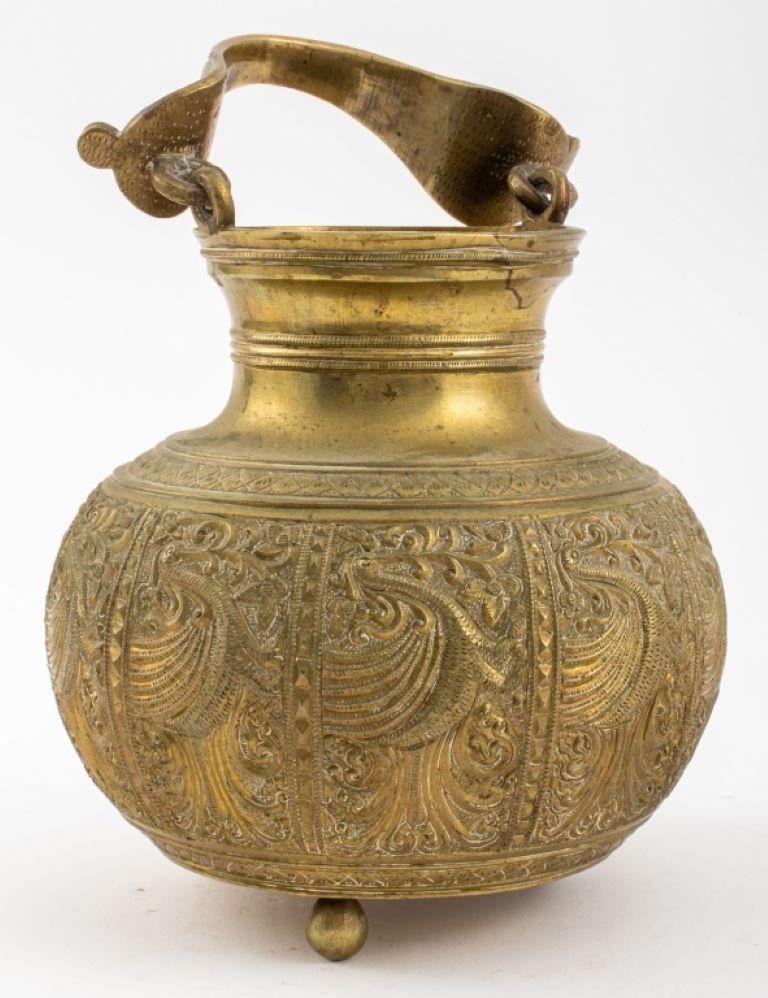 Unknown Asian Hand-Chased Brass Vessel with Crane Motif For Sale