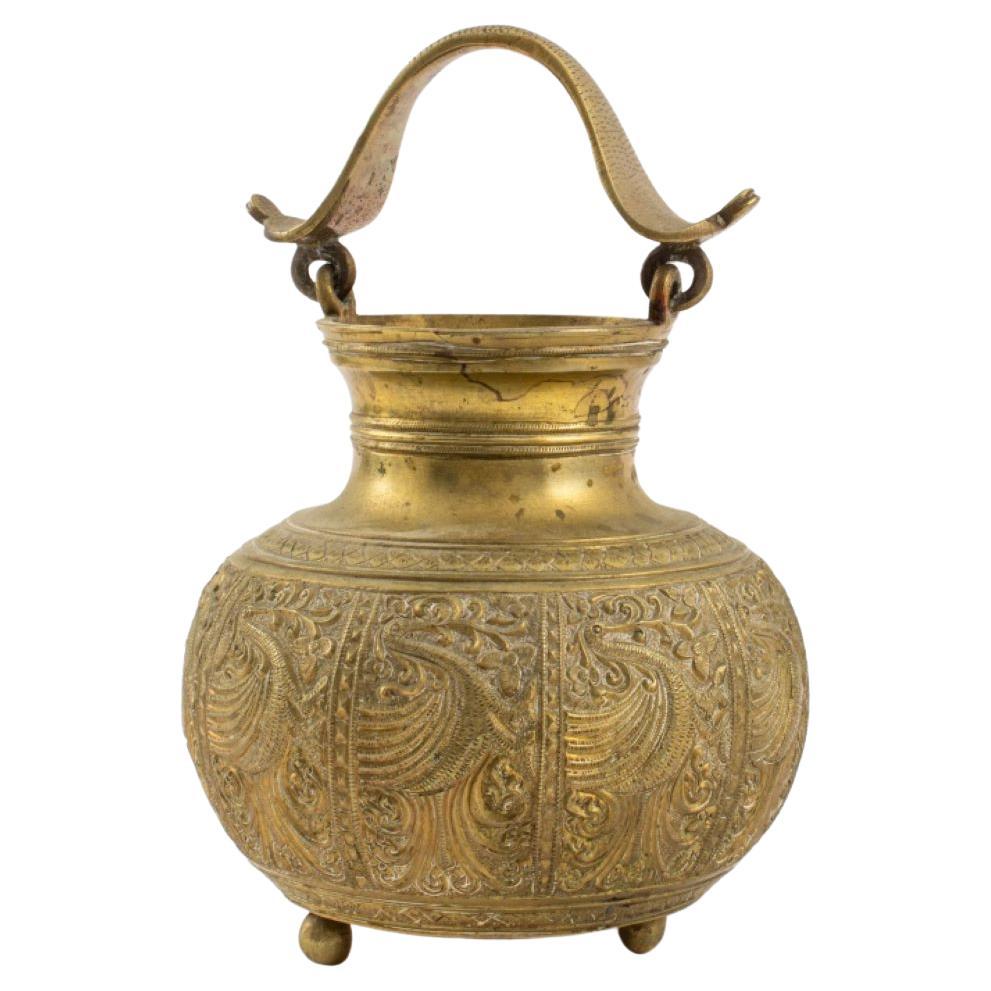 Asian Hand-Chased Brass Vessel with Crane Motif For Sale