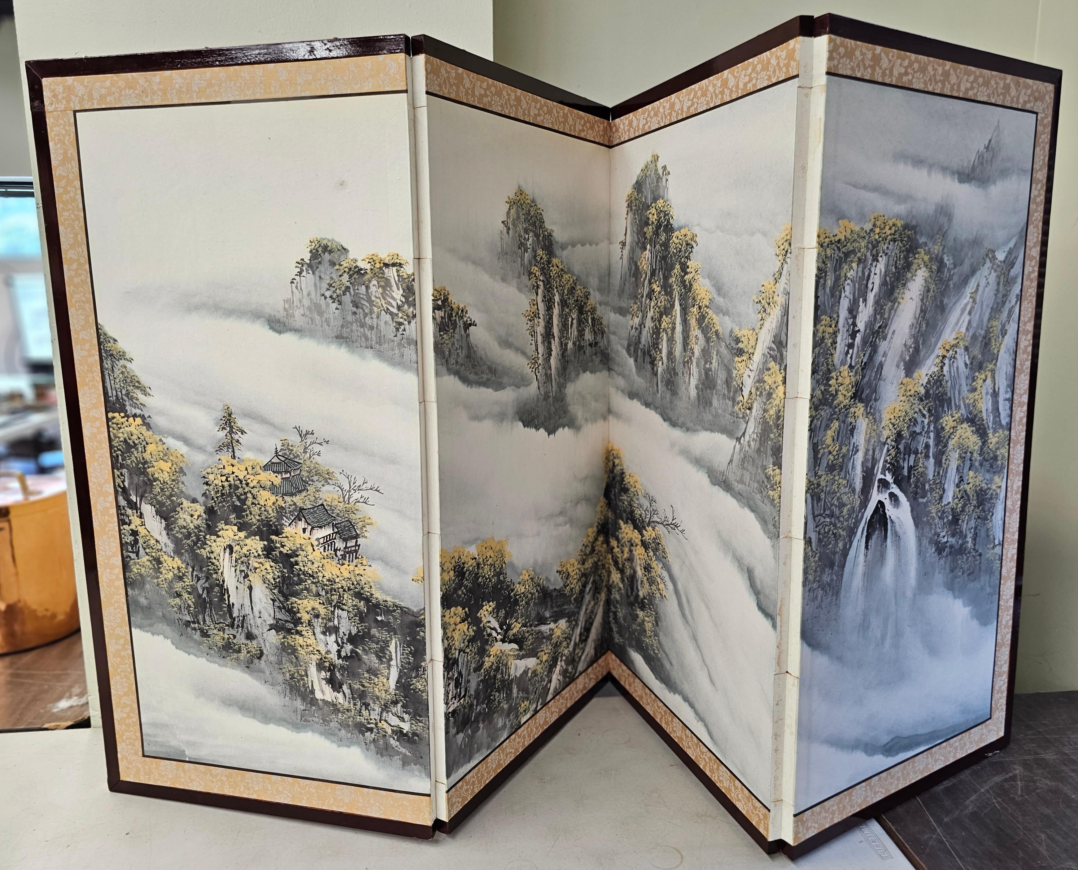Asian Japanese Hand-Painted water color Four-Panel Upholtered and Framed Table Screen / Divider in very good vintage condition. Measures 72
