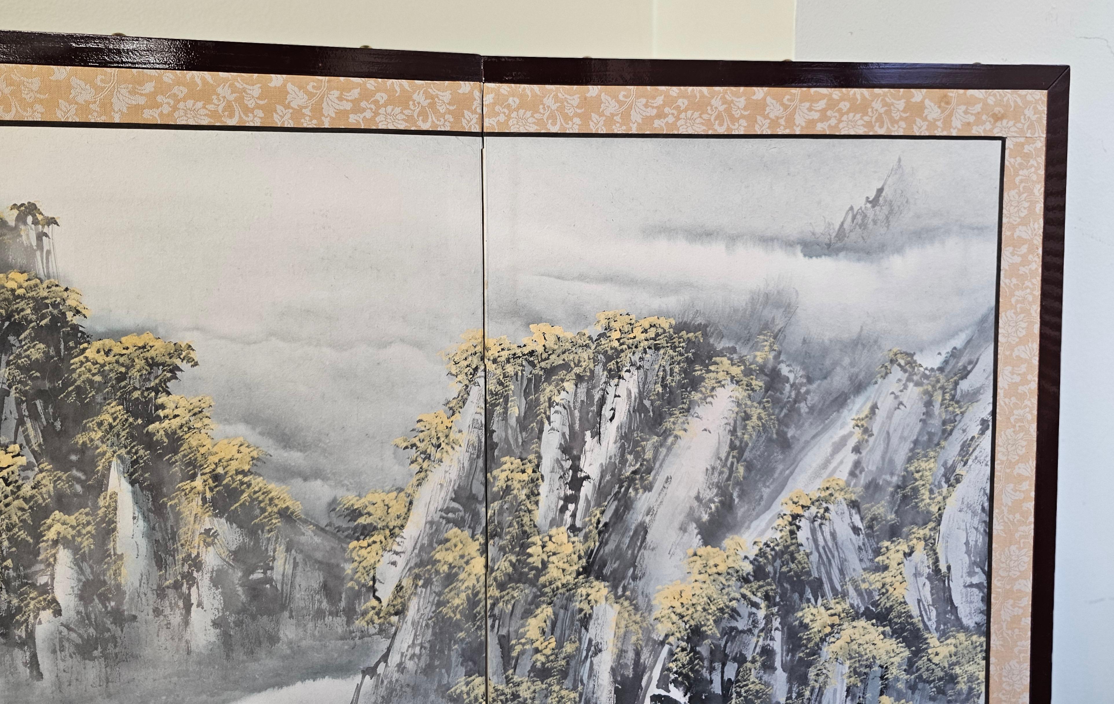 Asian Hand-Painted Four Panel Upholtered and Framed Table Screen / Divider In Good Condition For Sale In Germantown, MD