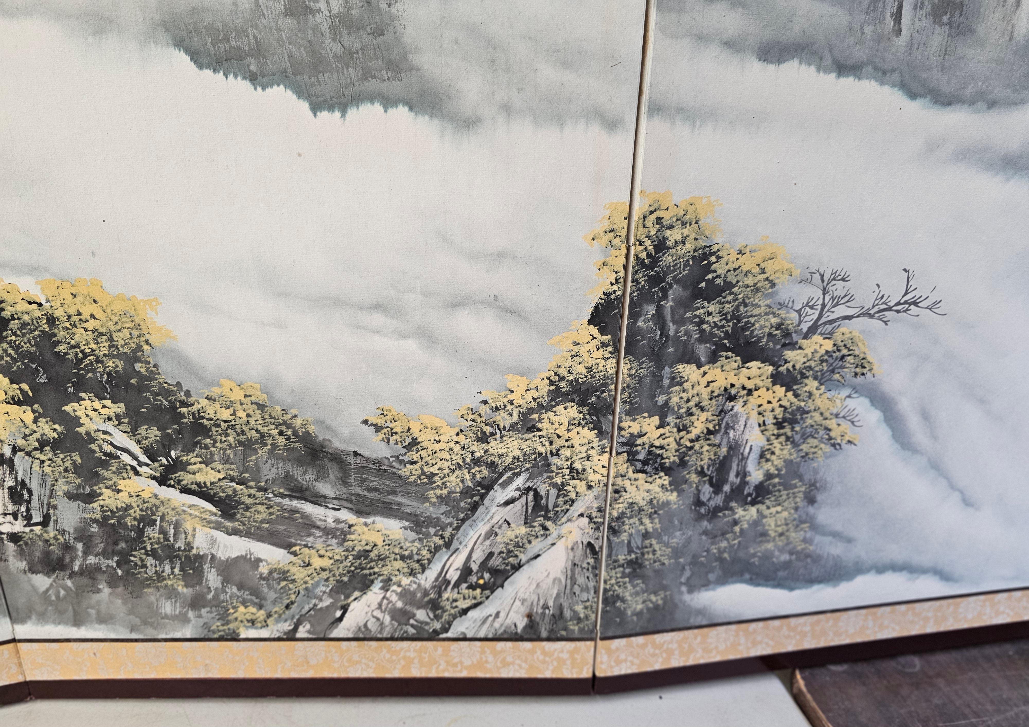 20th Century Asian Hand-Painted Four Panel Upholtered and Framed Table Screen / Divider For Sale
