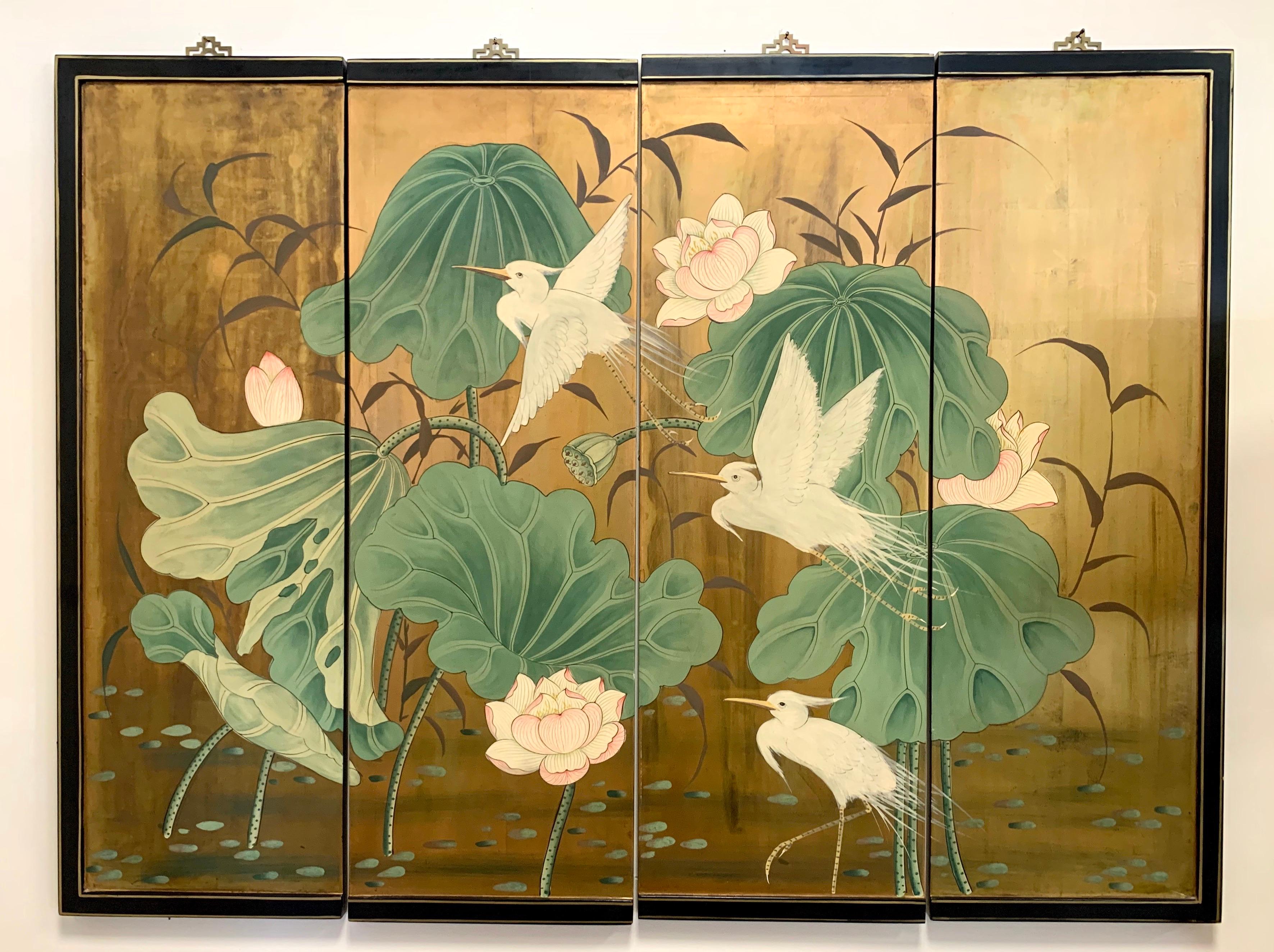 Set of 4 stunning Asian panels wall screen with beautiful hand painted cranes and lilies on a vibrant gold leaf background.
