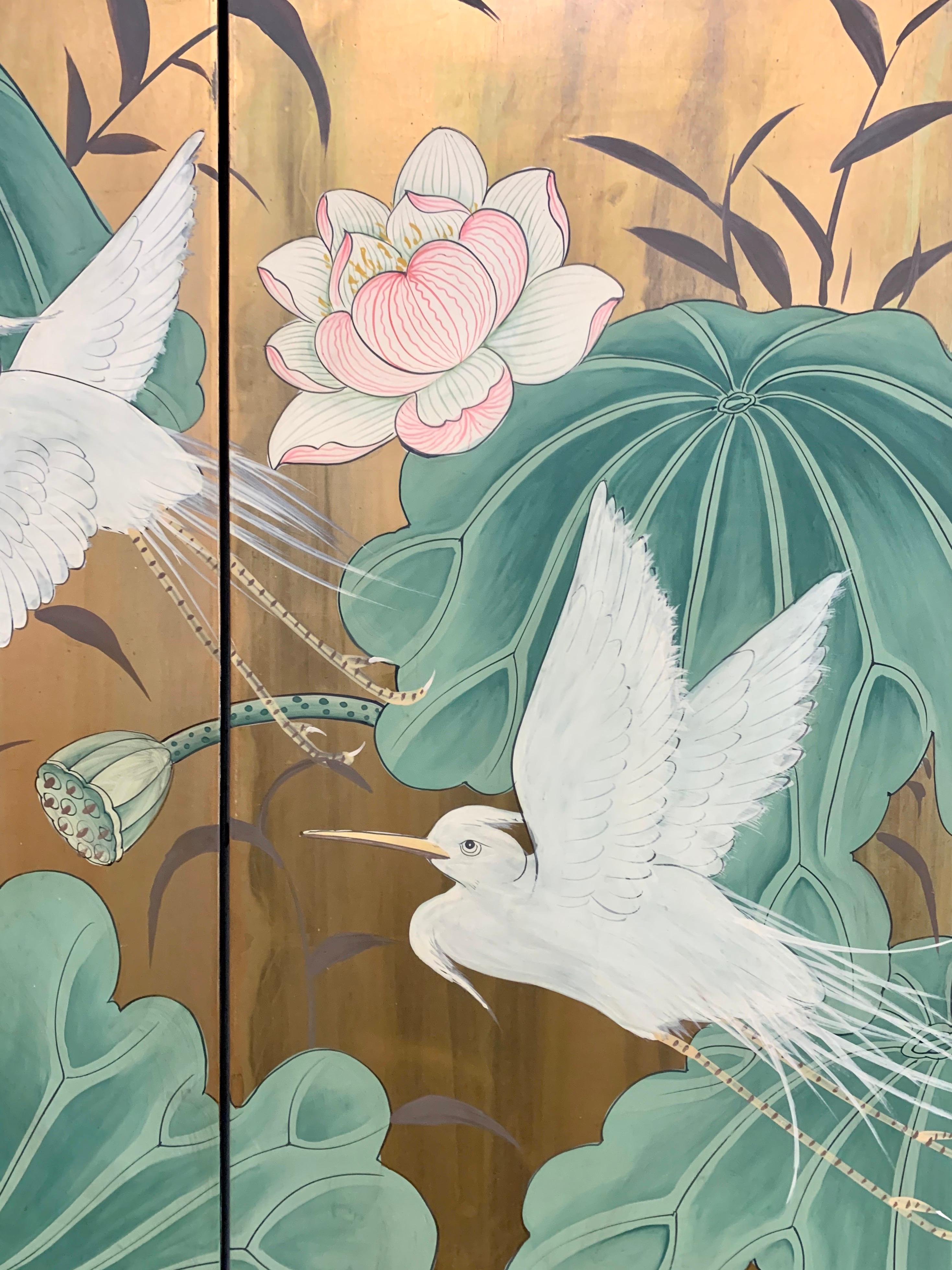 Chinoiserie Asian Hand Painted Gold Gilt Four Panel Screen with Lilies and Cranes