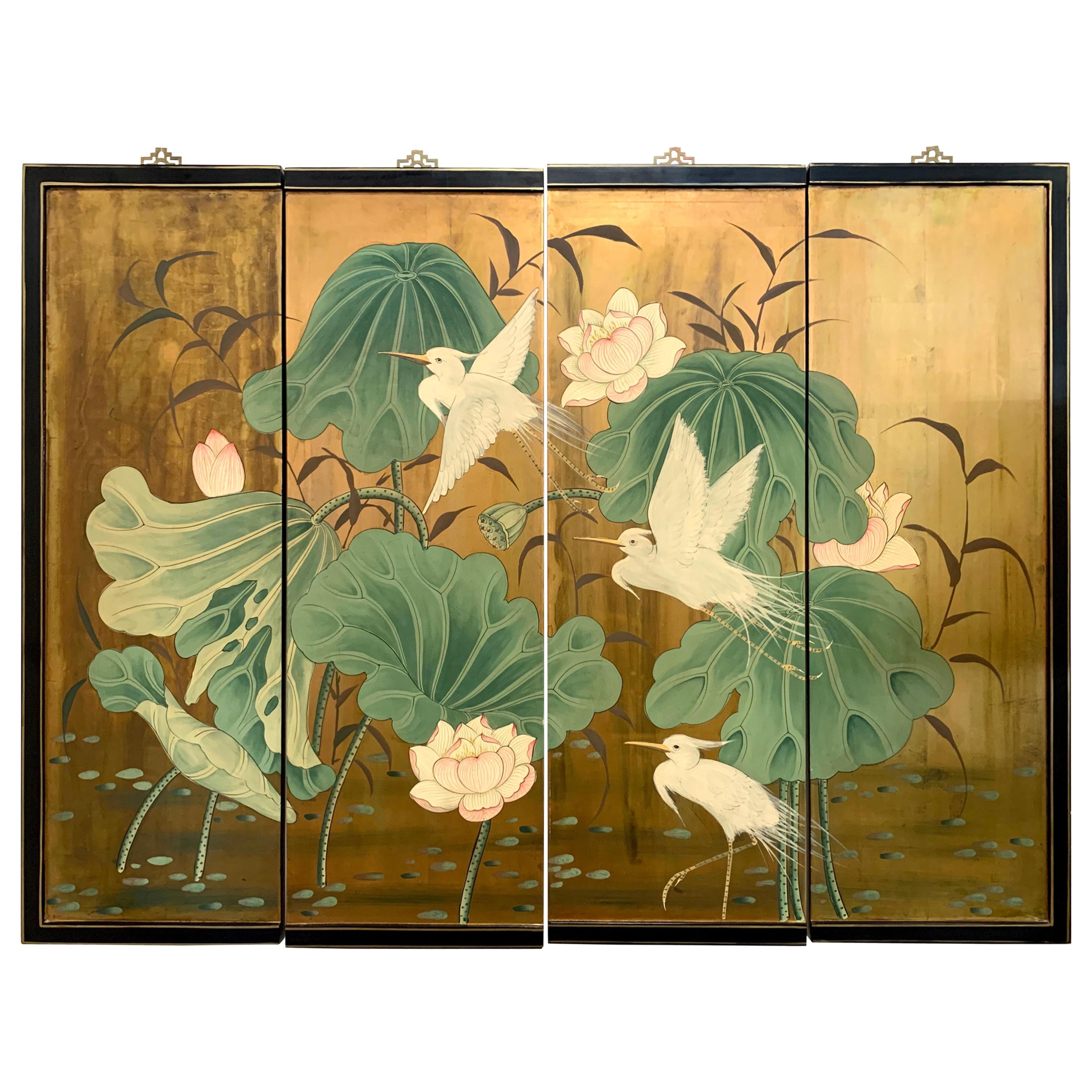 Asian Hand Painted Gold Gilt Four Panel Screen with Lilies and Cranes