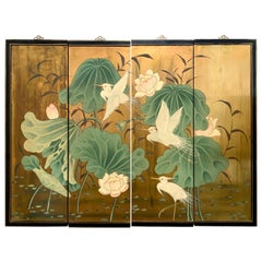 Asian Hand Painted Gold Gilt Four Panel Screen with Lilies and Cranes