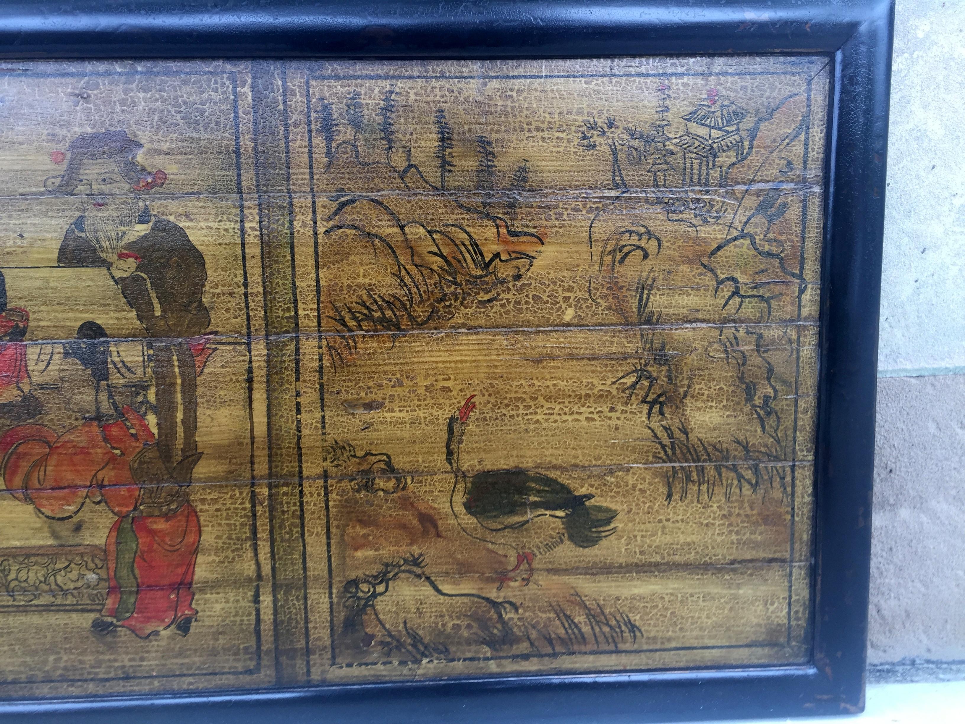 Hand-Painted Asian Hand Painted Wood Panel For Sale