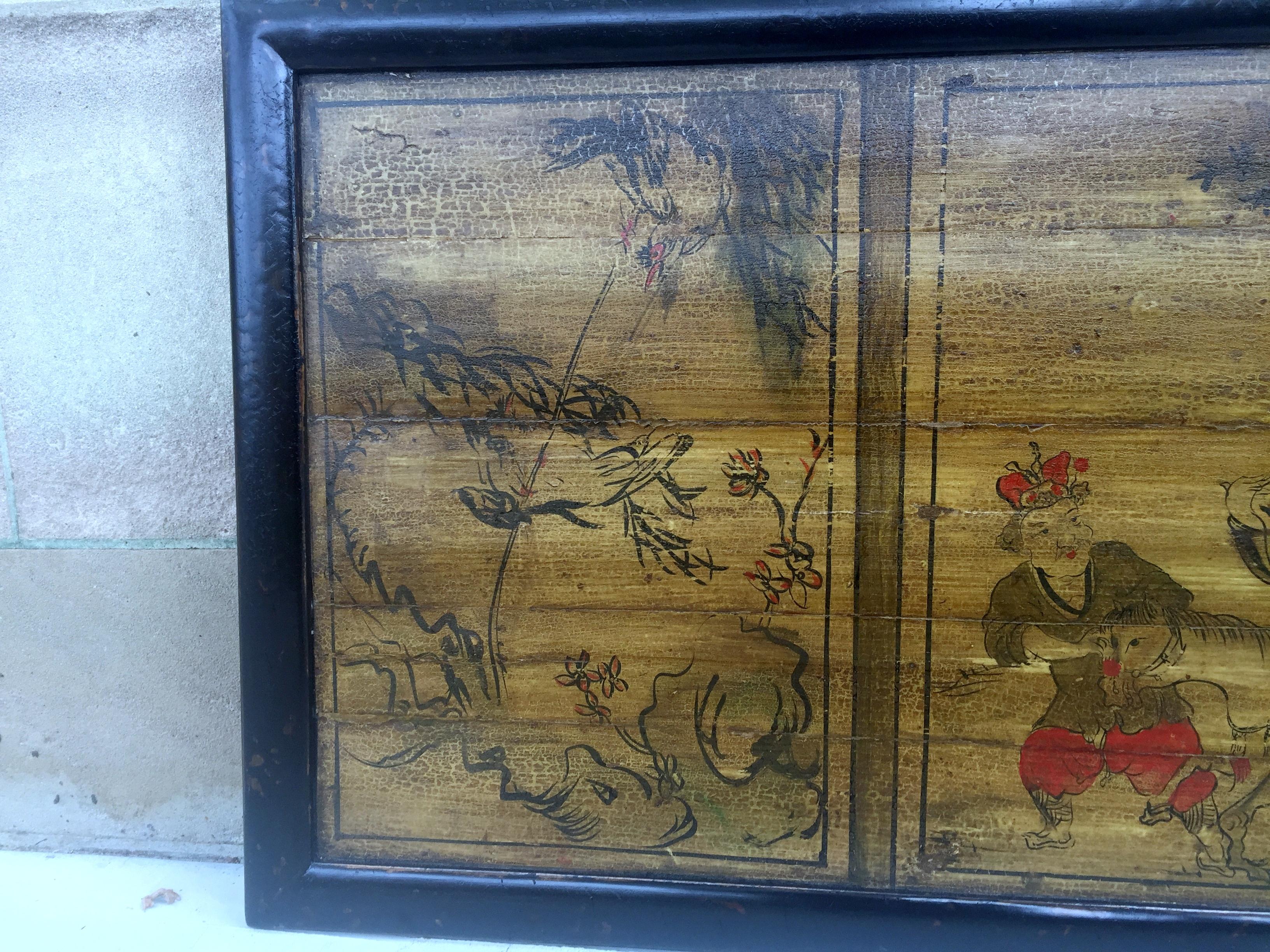 Panneau en bois peint à la main en Asie Bon état - En vente à Greenwich, CT