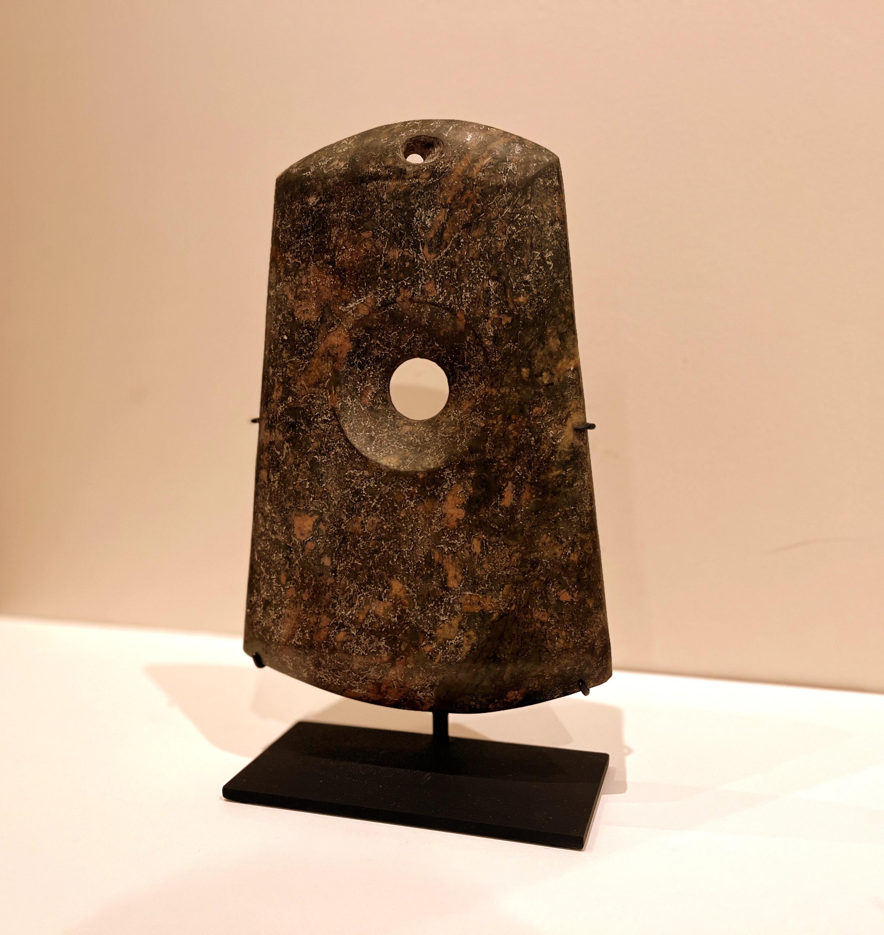 Chinese Asian Hard Stone Axe Shape with Metal Stand For Sale