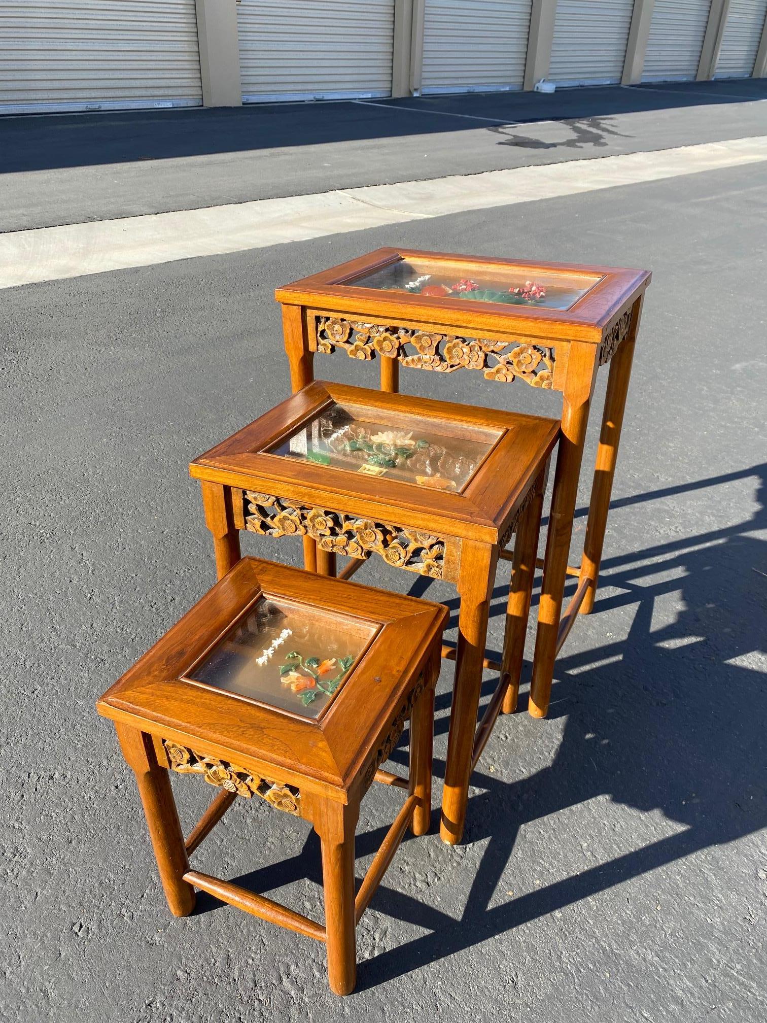 Asian Hardstone Nesting Tables, Set of 3 In Good Condition In Spring Valley, CA