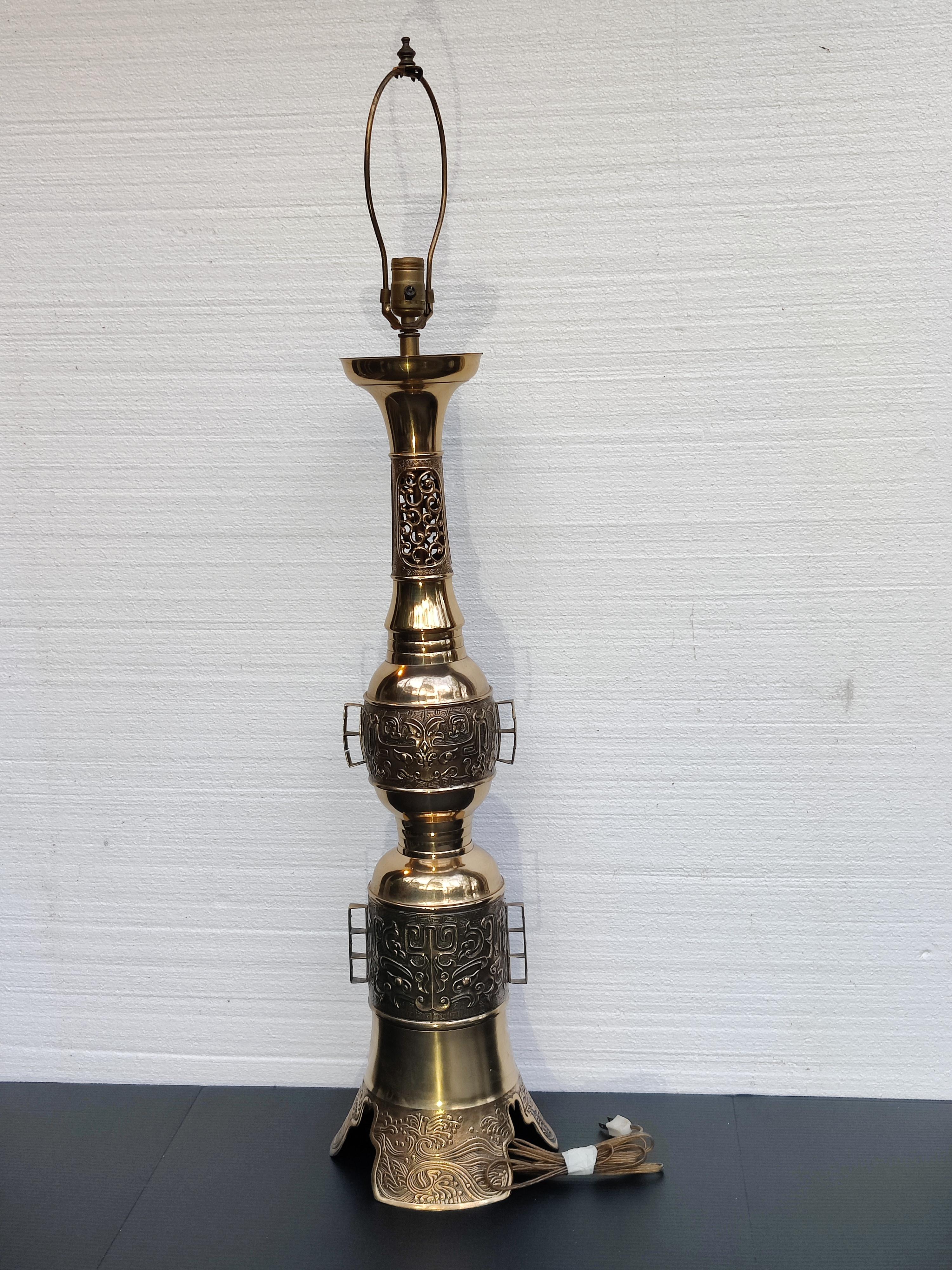 Hollywood Regency Asian Brass Lamp
1950 James Mont Attributed
Has a Korea Stamp on Base
Working Order
Base 10