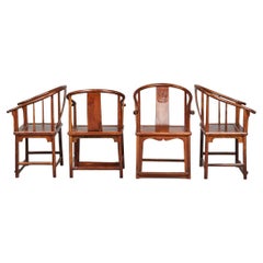 Asian Horseshoe Chairs '4 Pieces', Dining Room Chairs with Asian Carvings