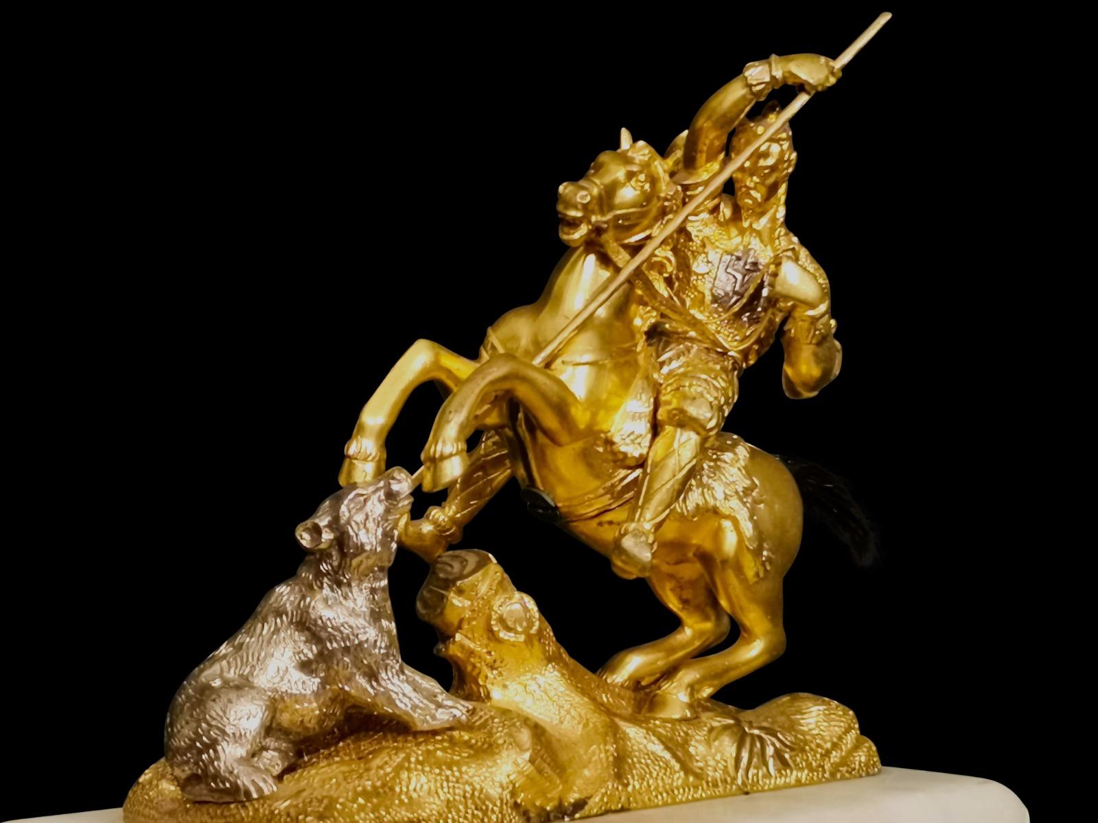 Asian Hunting Scene in Gilt Bronze 19th Century For Sale 1