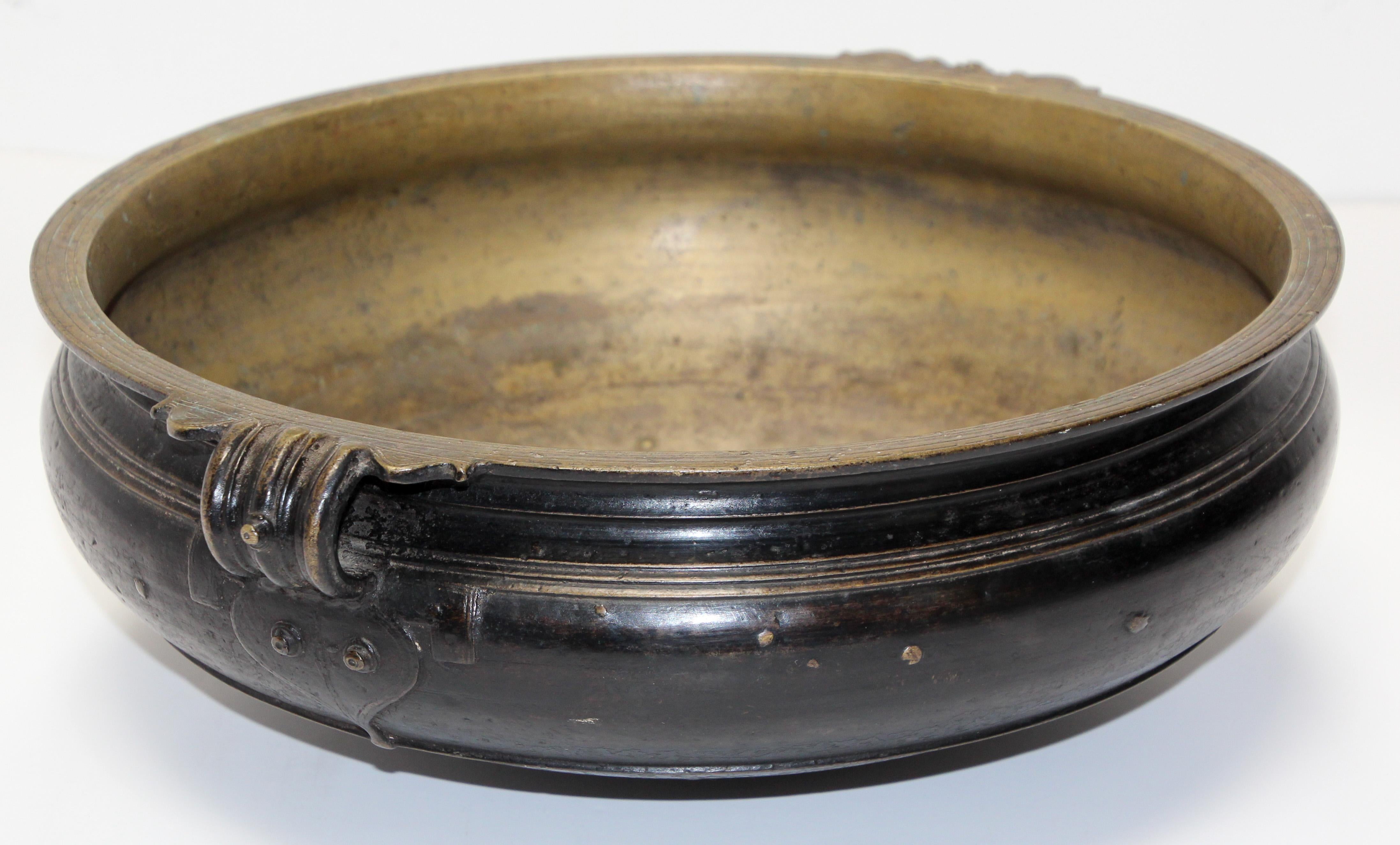 Large Asian Indian Cast Bronze Urli Temple Bowl with Handles 3