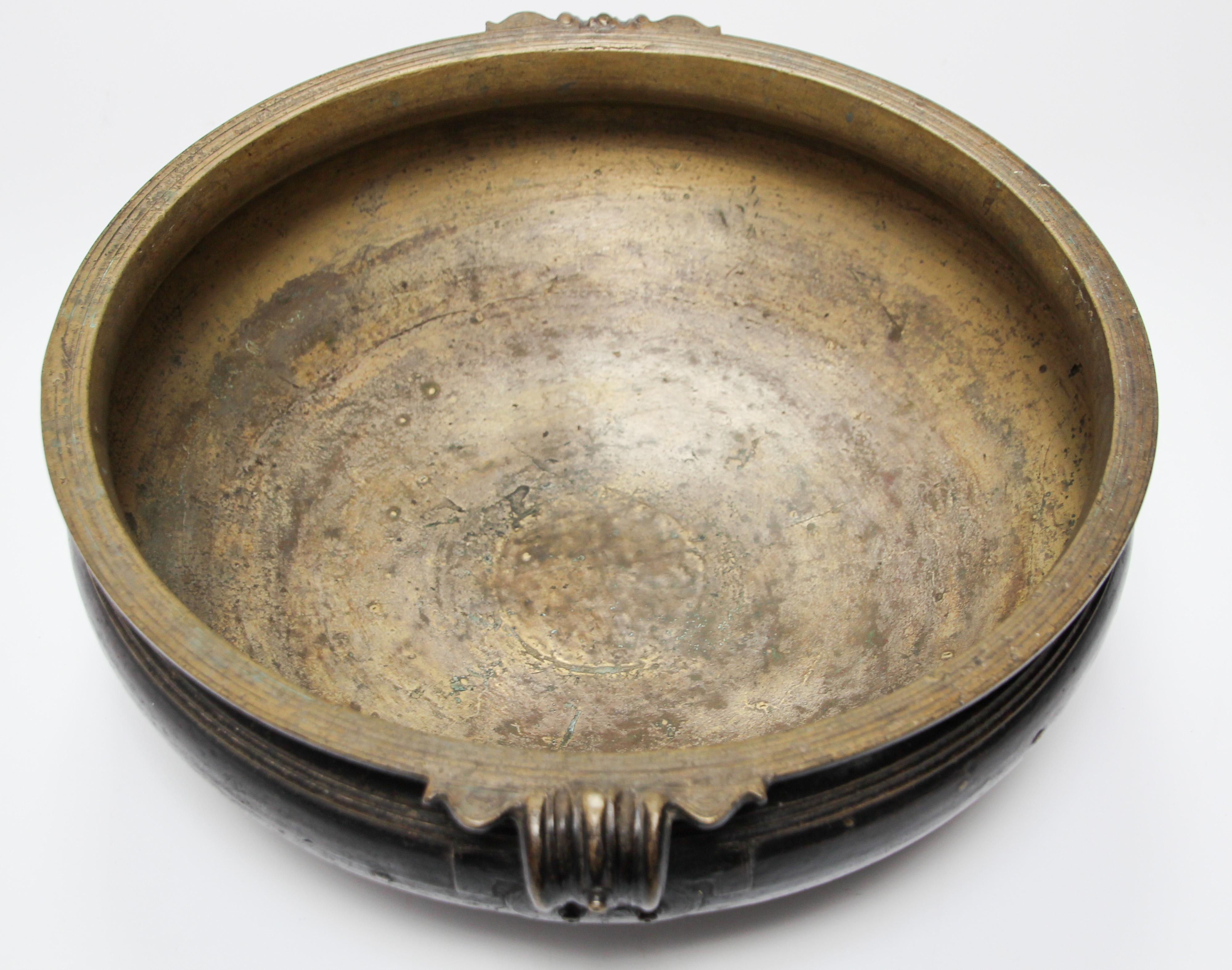Tibetan Large Asian Indian Cast Bronze Urli Temple Bowl with Handles