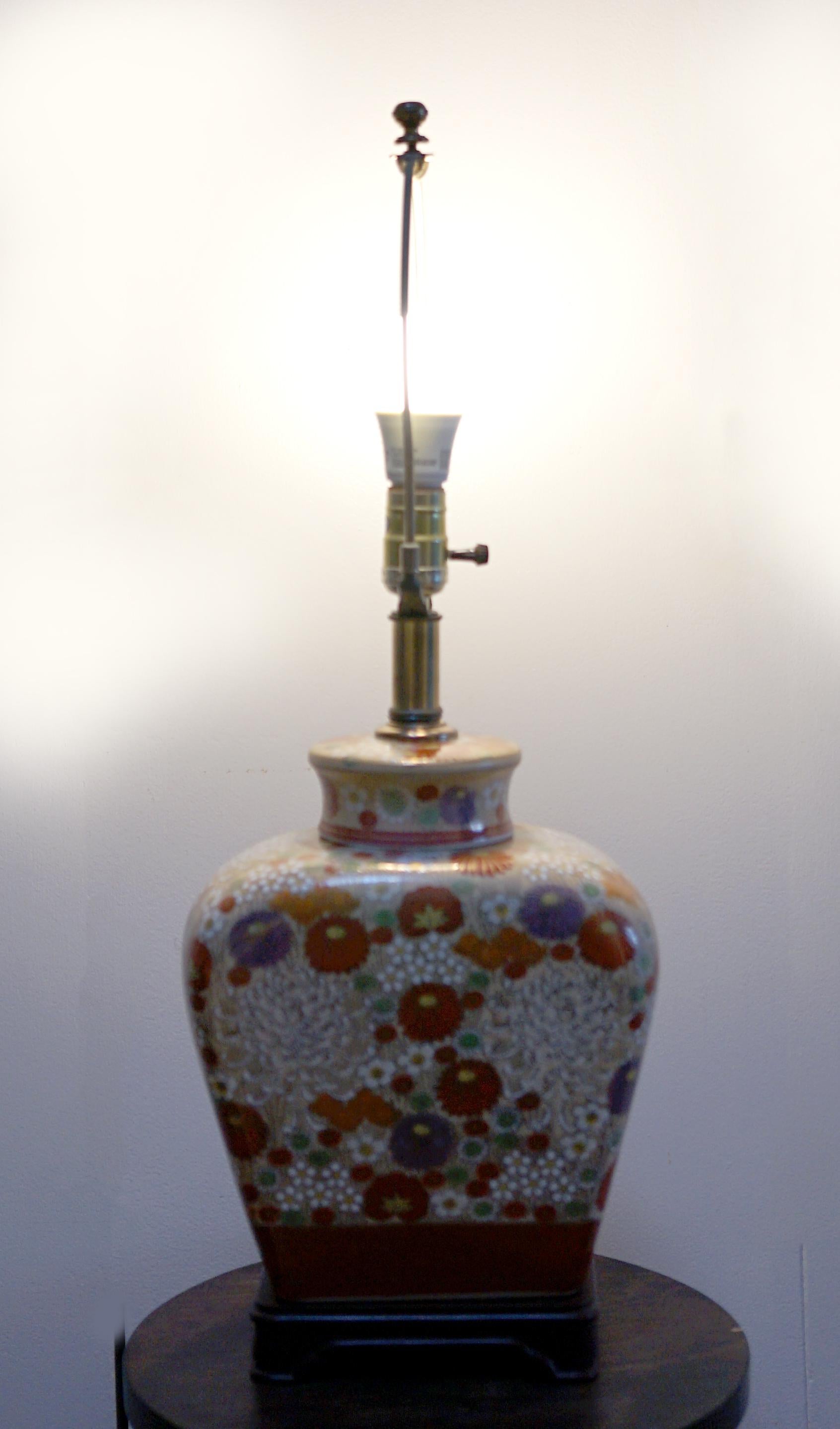 Ceramic Asian Influenced Gilt Table Lamp with Profusion of Flowers, Rosewood Base For Sale