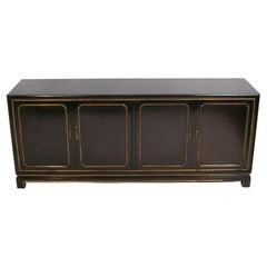 Used Asian Influenced Mid Century Credenza by John Widdicomb Espresso Brown Gold Trim