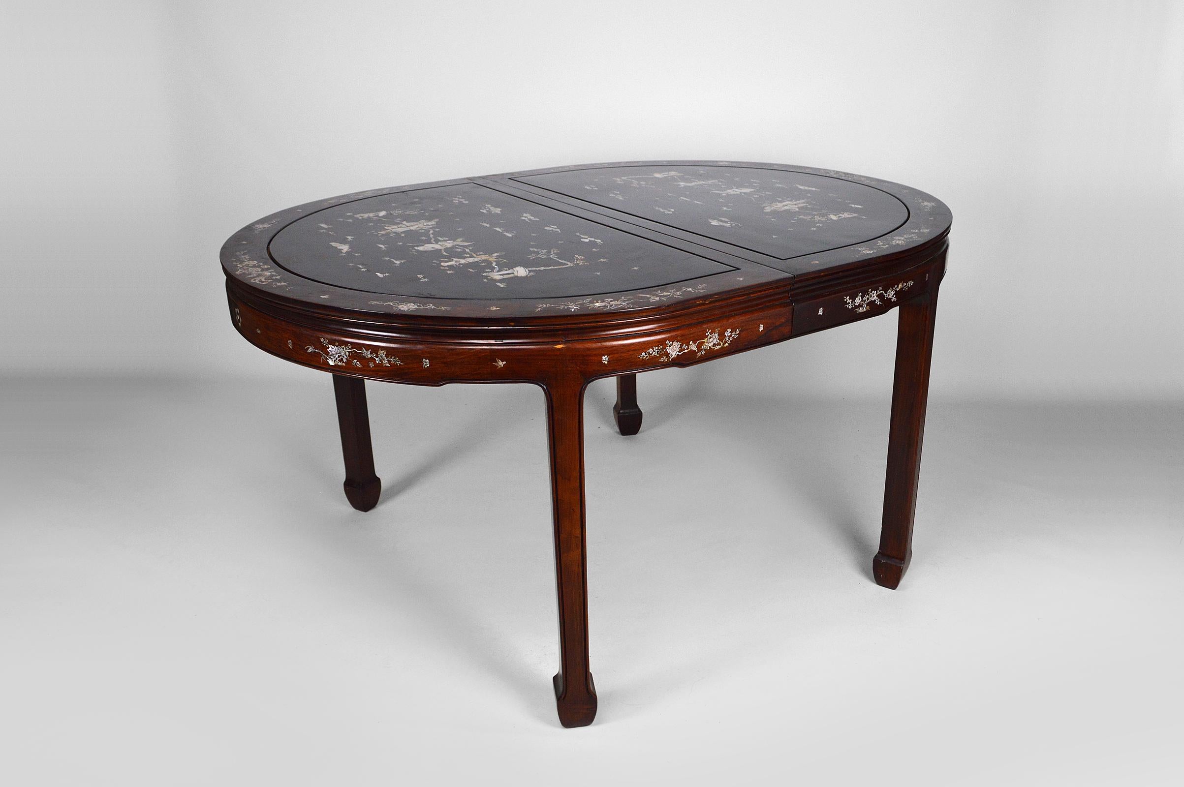 Asian Inlaid Wooden Dining Table with Extensions, Mid-20th Century 13
