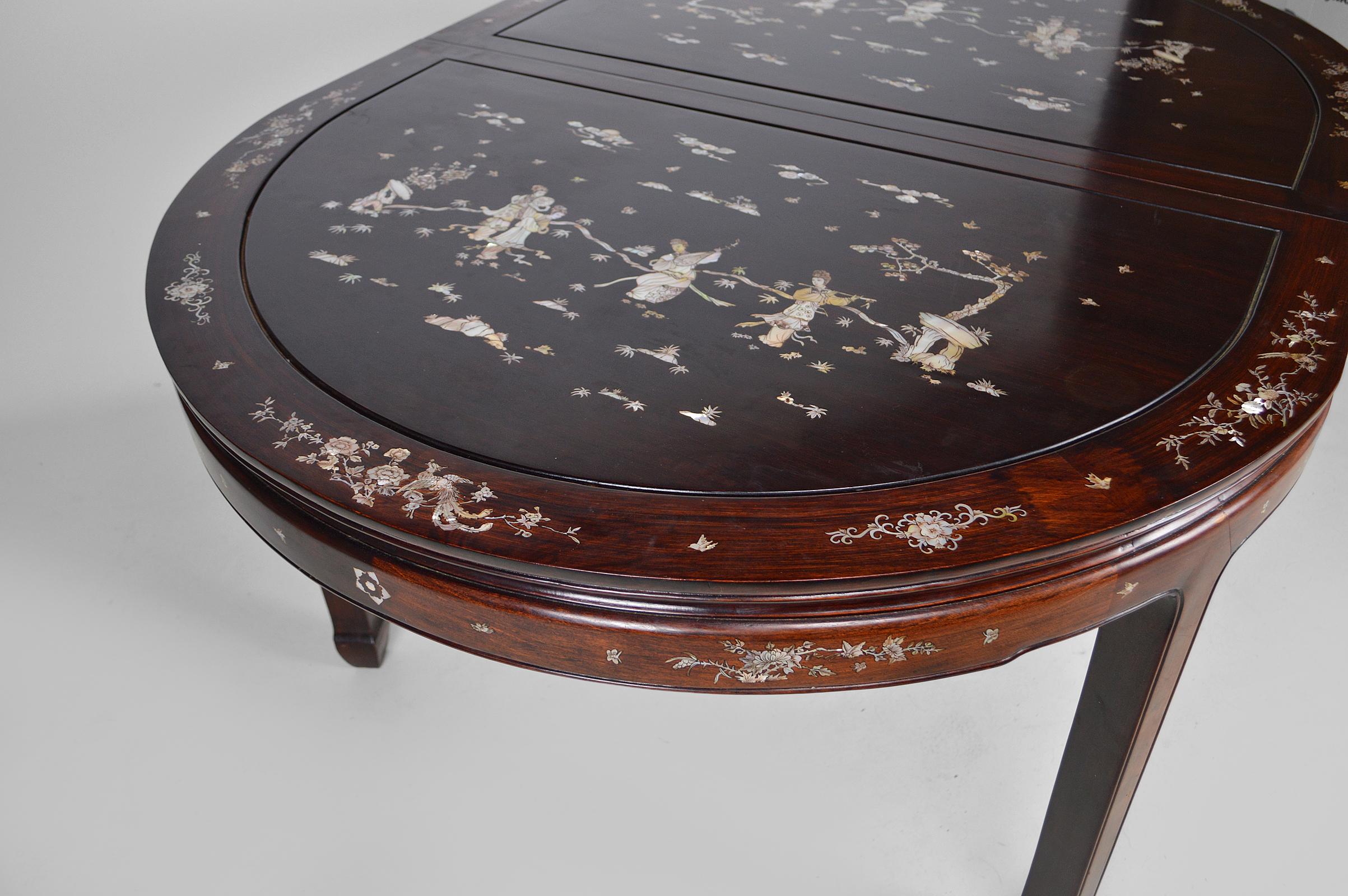 Asian Inlaid Wooden Dining Table with Extensions, Mid-20th Century 2