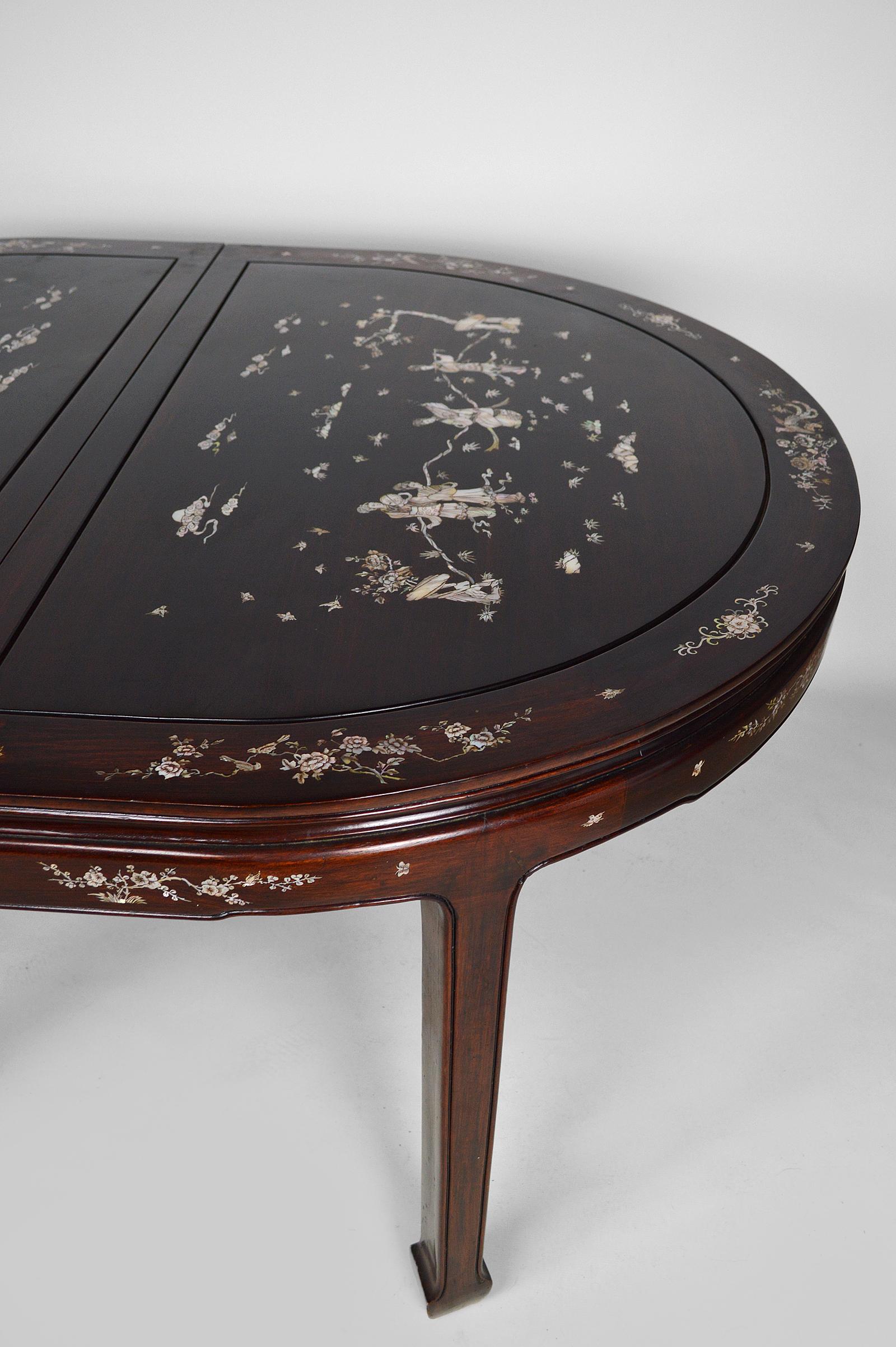 Asian Inlaid Wooden Dining Table with Extensions, Mid-20th Century 3