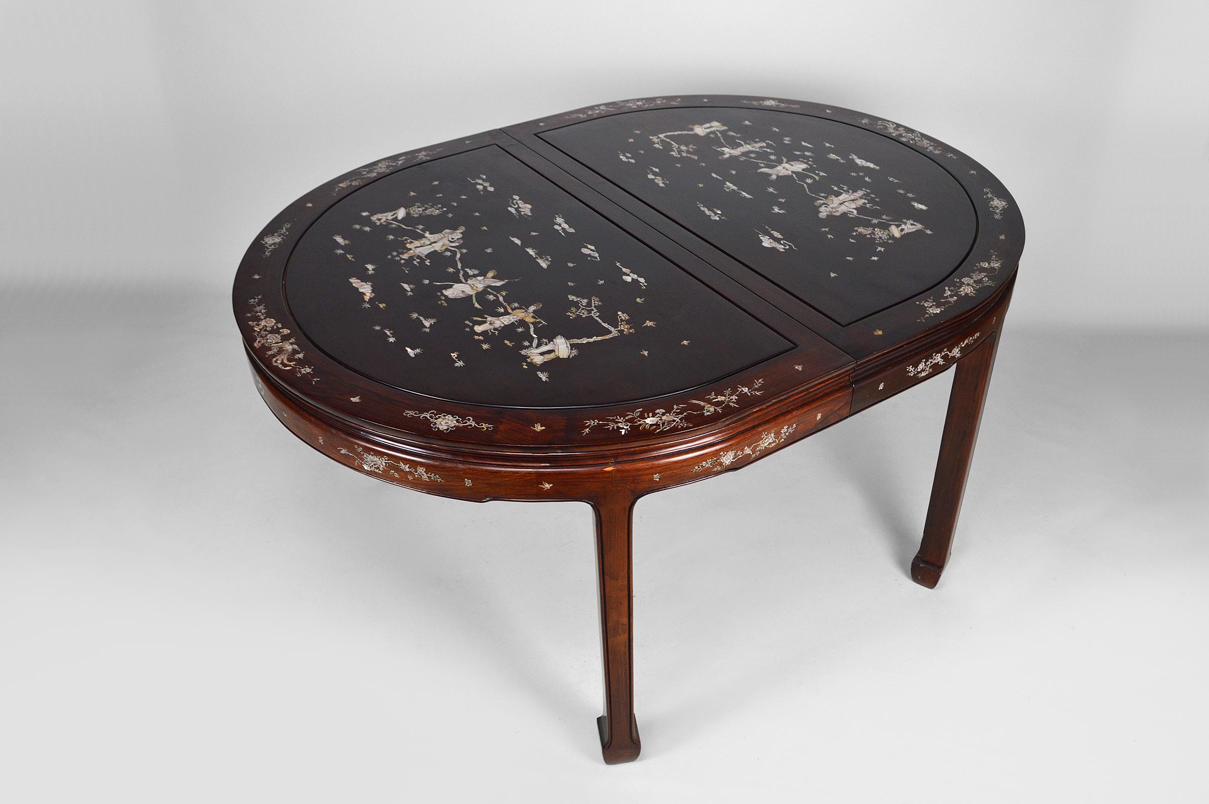 Inlay Asian Inlaid Wooden Dining Table with Extensions, Mid-20th Century