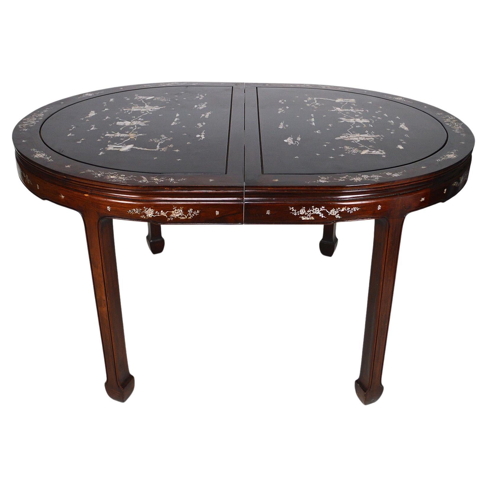 Asian Inlaid Wooden Dining Table with Extensions, Mid-20th Century