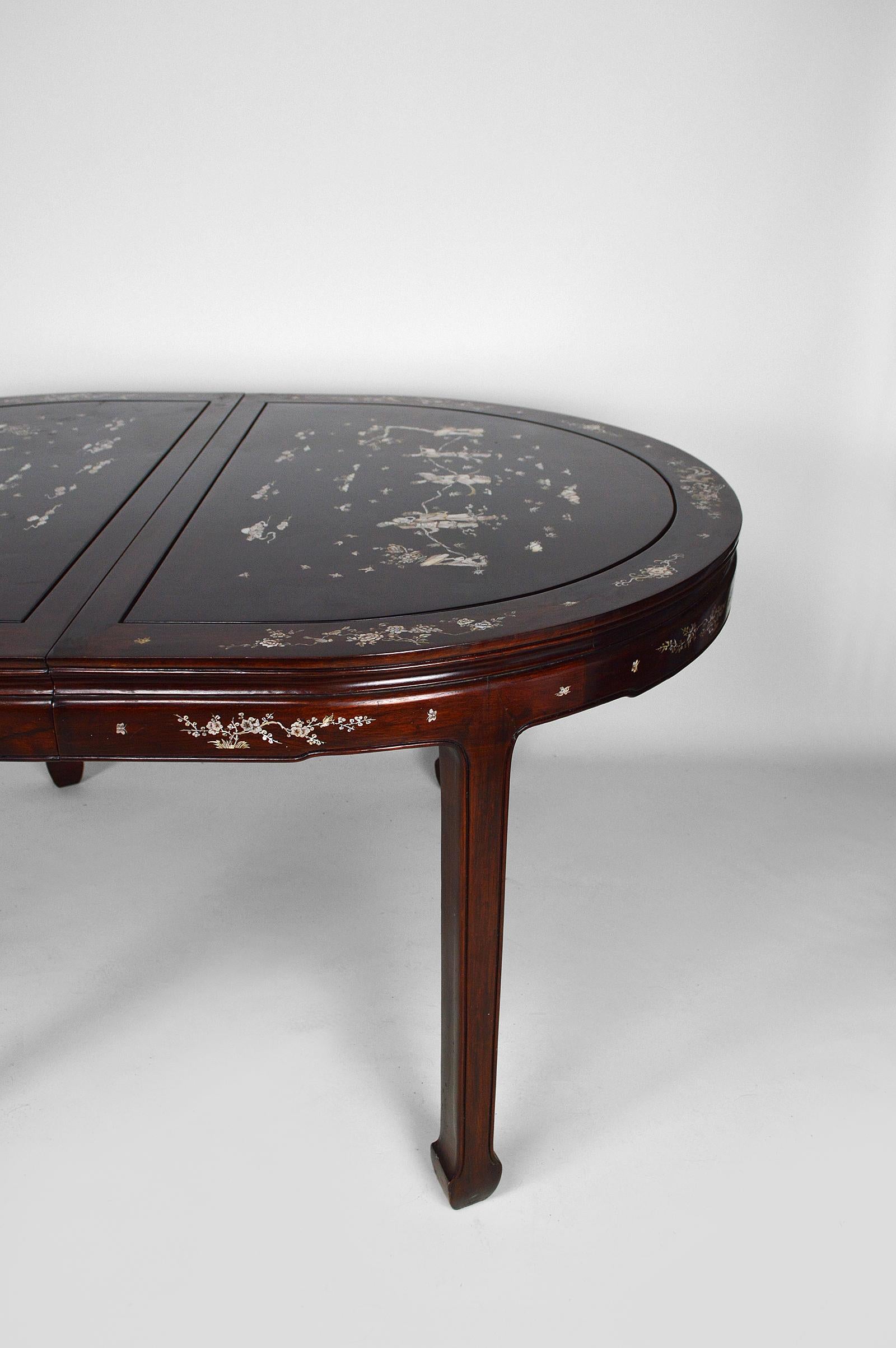 Asian Inlaid Wooden Dining Table with Extensions, Mid-20th Century 5