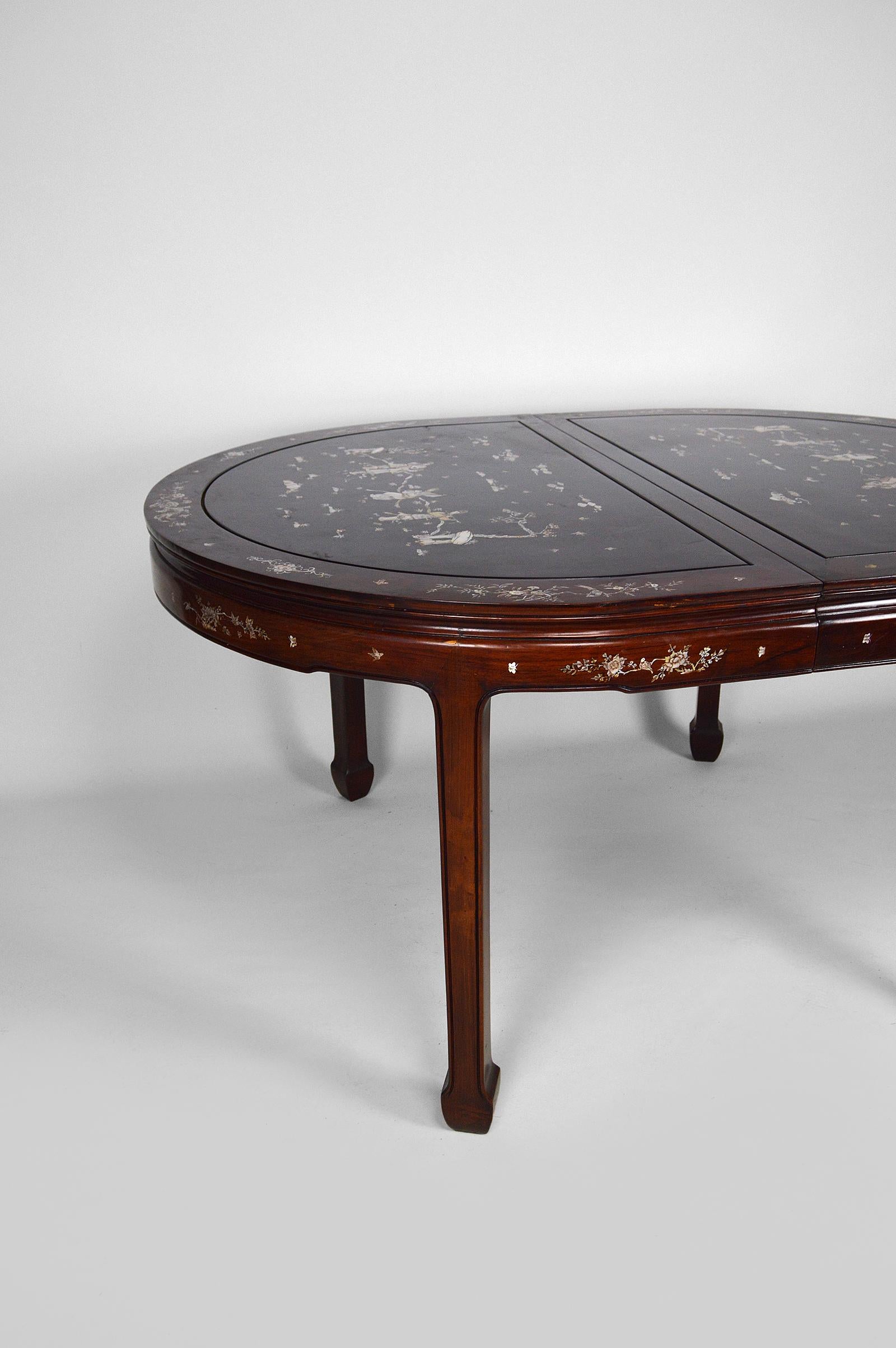 Asian Inlaid Wooden Dining Table with Extensions, Mid-20th Century 6