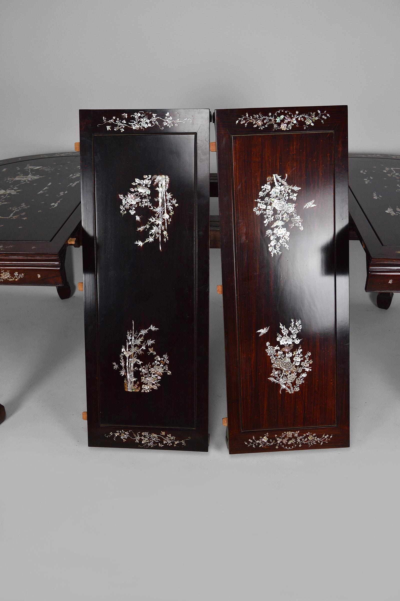 Asian Inlaid Wooden Dining Table with Extensions, Mid-20th Century 11