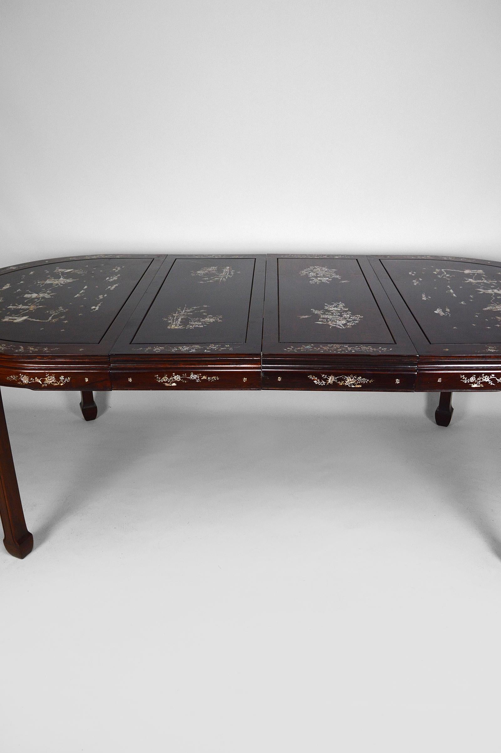 Asian Inlaid Wooden Dining Table with Extensions, Mid-20th Century 12