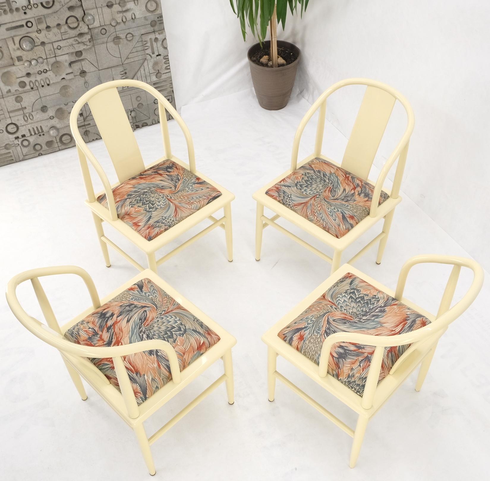 Asian Inspired Barrel back white to beige lacquer dining chairs mid century mint.