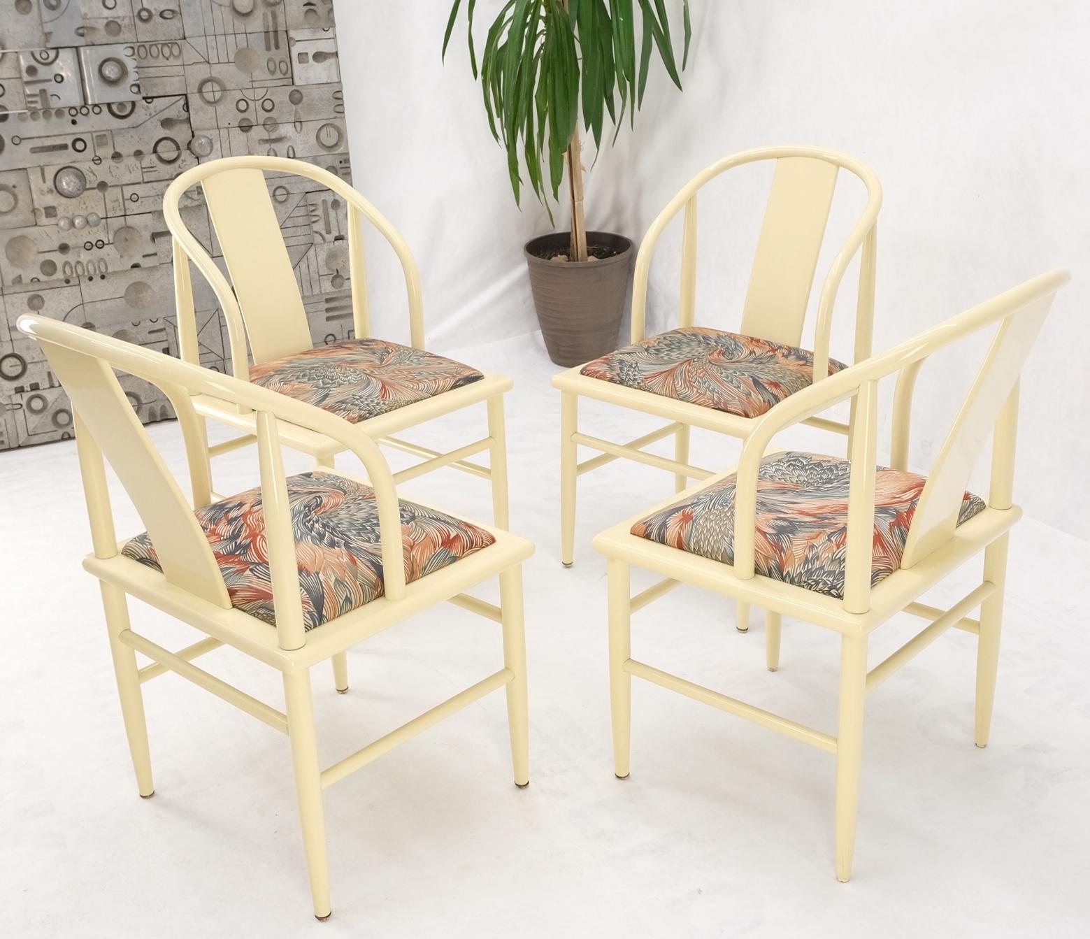 Hardwood Asian Inspired Barrel Back White to Beige Lacquer Dining Chairs Mid Century Mint For Sale