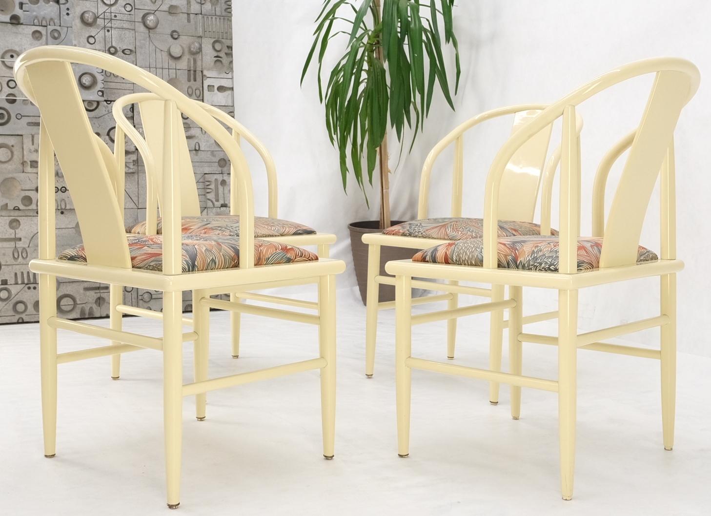 Asian Inspired Barrel Back White to Beige Lacquer Dining Chairs Mid Century Mint For Sale 1