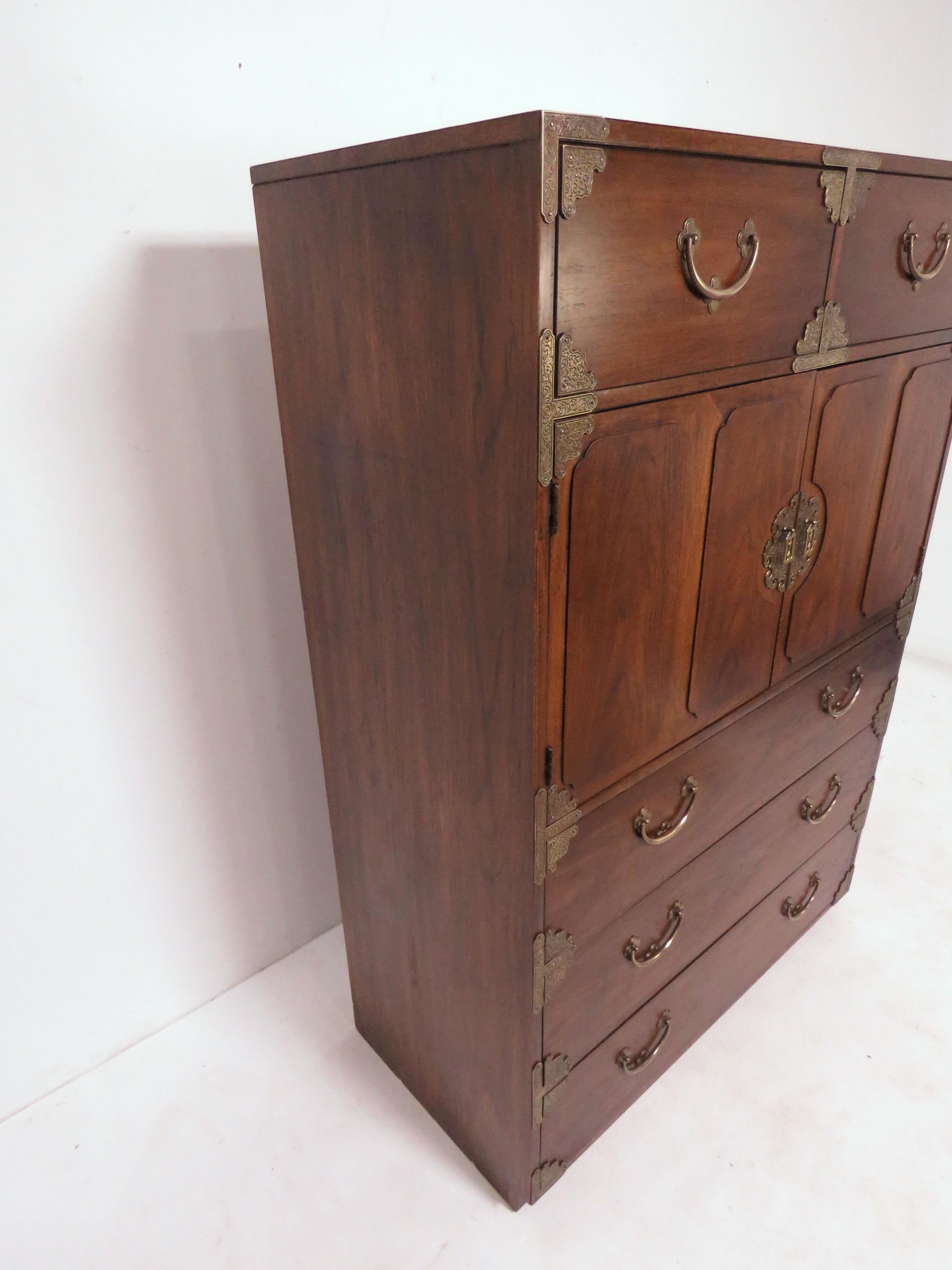 Asian Inspired Campaign Highboy Chest of Drawers, circa 1970s 3