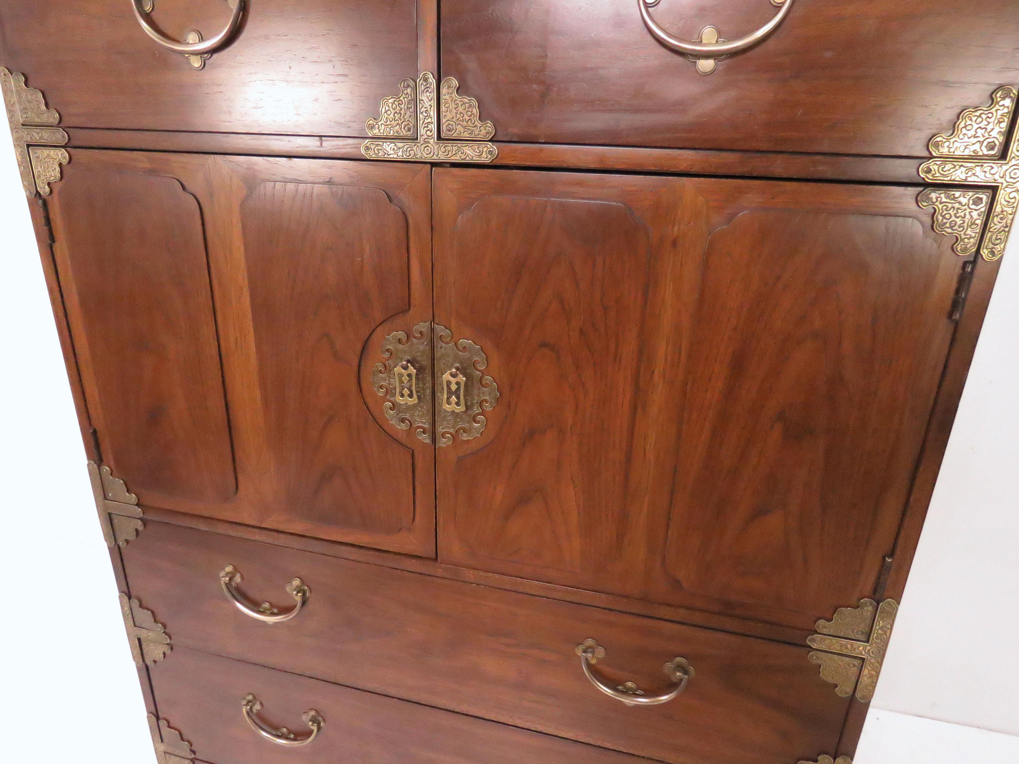 Asian Inspired Campaign Highboy Chest of Drawers, circa 1970s In Good Condition In Peabody, MA