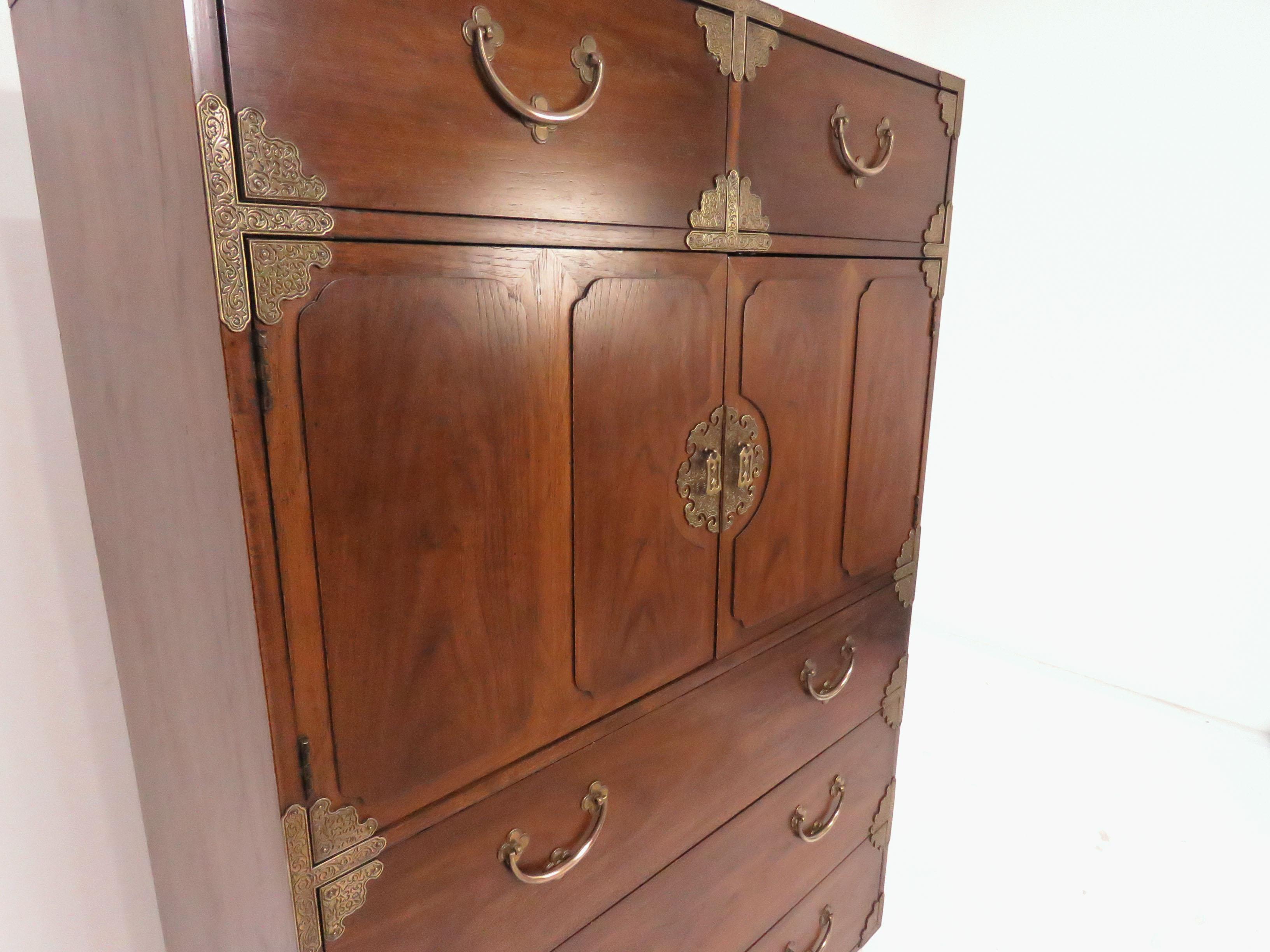 Late 20th Century Asian Inspired Campaign Highboy Chest of Drawers, circa 1970s