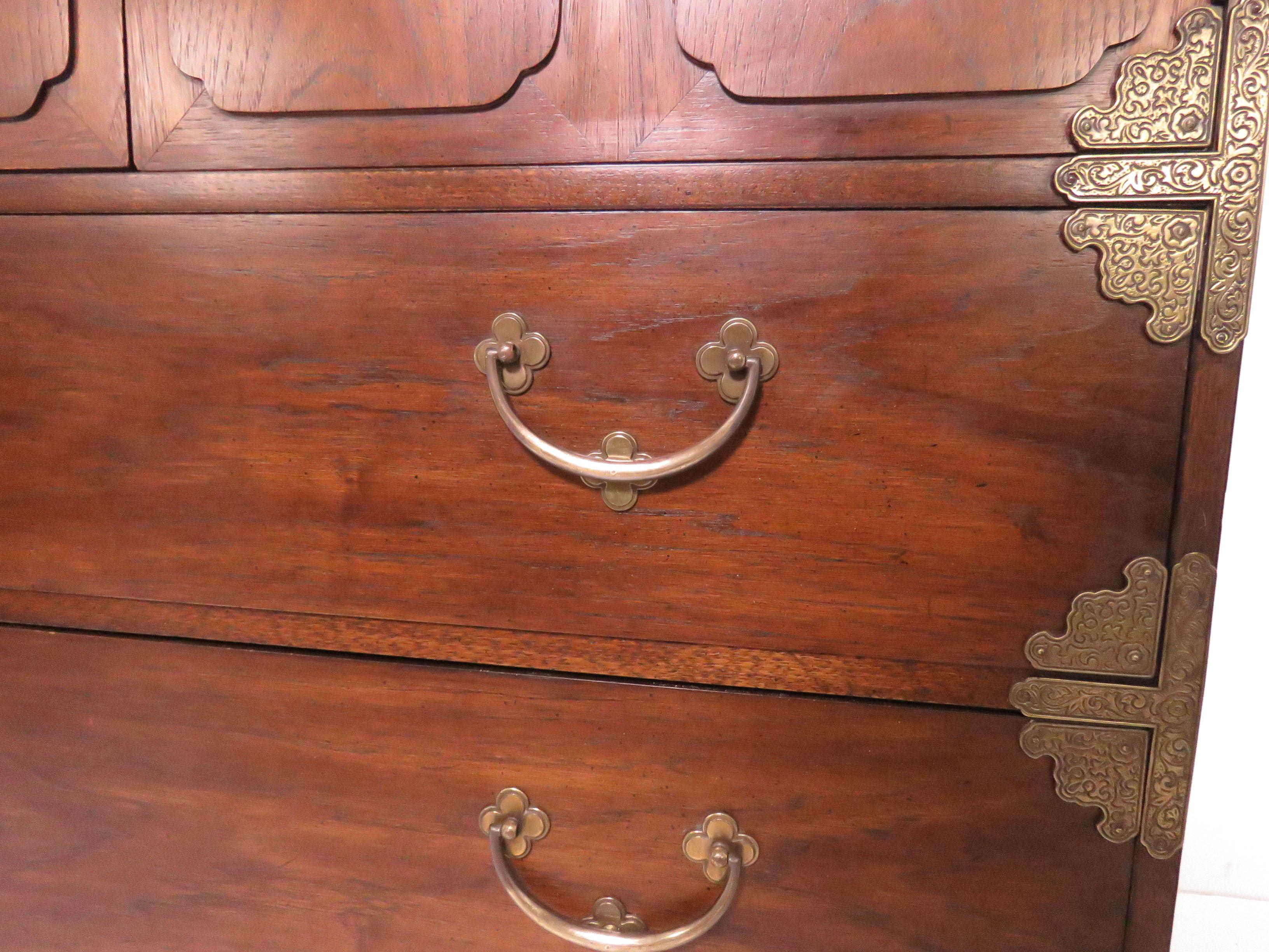 Brass Asian Inspired Campaign Highboy Chest of Drawers, circa 1970s